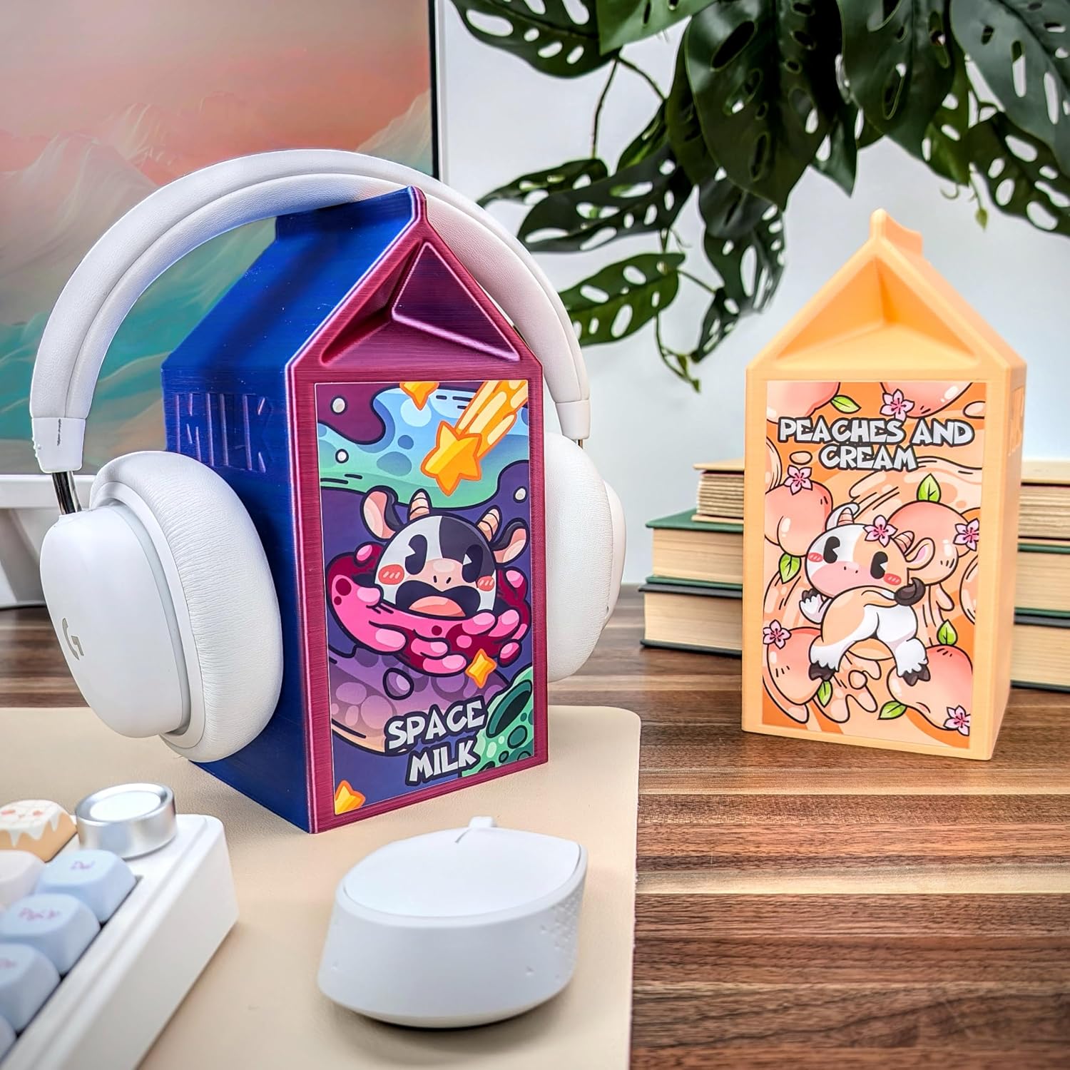 Milk Carton Headphone Stand - Universal Headset Holder - Cute Headphone Stand Hanger - Kawaii Desk Accessories - Pink Gaming Setup - Sturdy Desk Headset Mount (Space Milk)