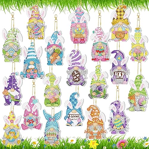 Miniatura 1 de Aurelema Juego de 20 llaveros de pintura de diamante de Pascua con herramientas, llavero de pintura de diamante de gnomo de Pascua, llaveros