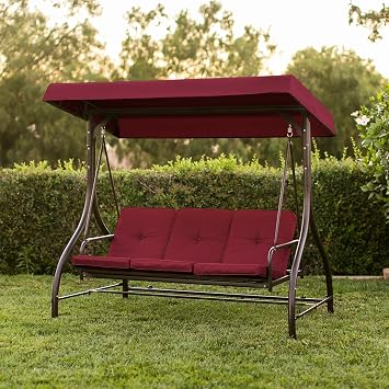Premium Quality Patio Swing Chair Convertible for 3 Person with Canopy and Firm Cushions Perfect Set for Patio, Garden, Outdoor, Porch and Poolside. Red