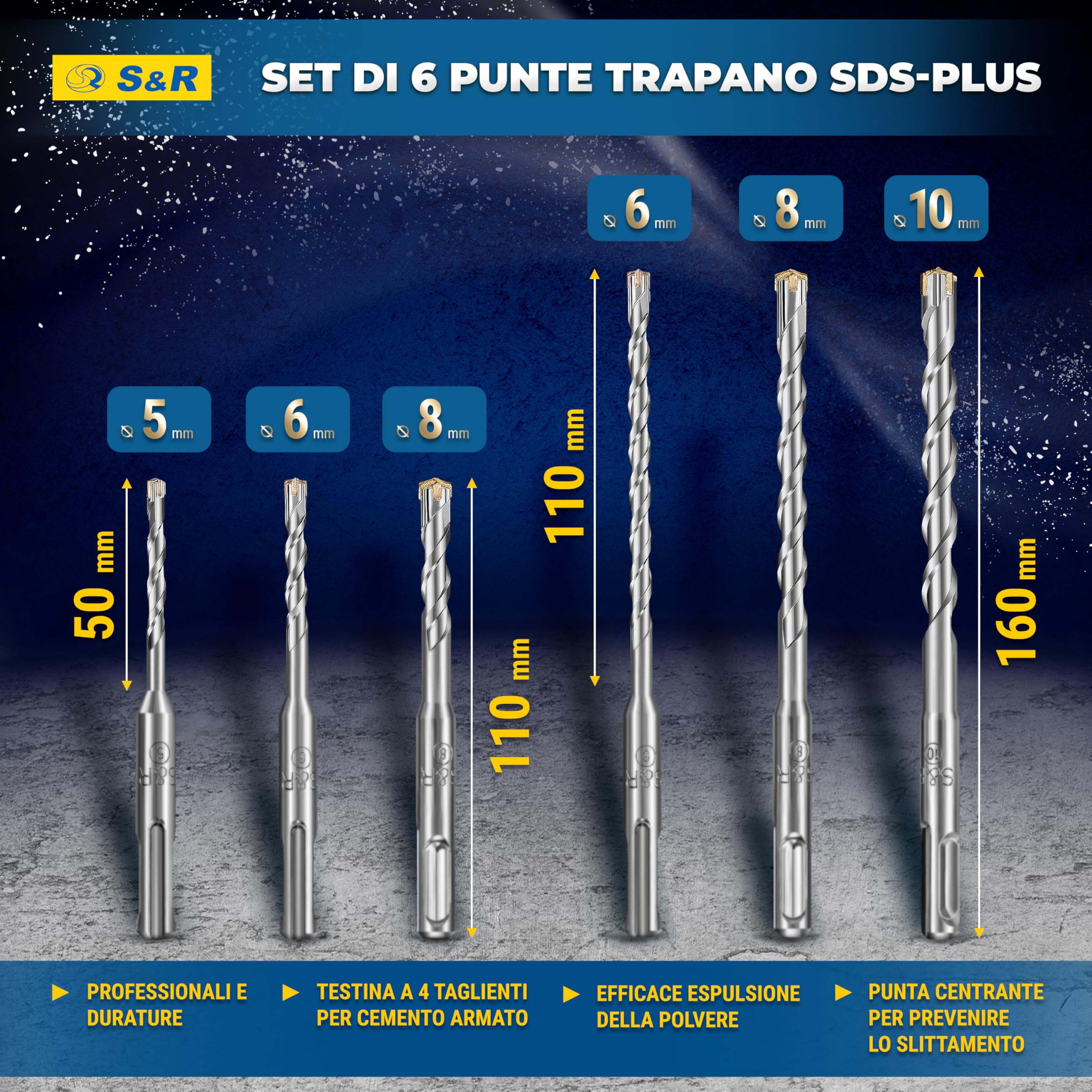 S&R Set Punte Trapano SDS-Plus a 4 taglienti - 6 Punte per CEMENTO ARMATO e Muratura. Ø 5/6/8 x 11cm - 6/8/10 x 16cm. Punte Professionali per Trapani di Tutte le Marche.