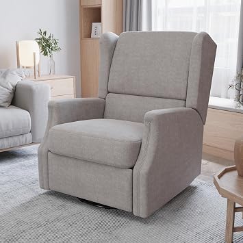 Merrick Lane Abby Manual Swivel Glider Rocking Recliner, Wingback Design, 3 Position Recline, 360 Degree Swivel, 20 Inch Round Base, Light Gray