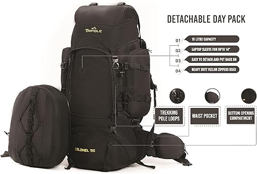 Miniatura 3 de Tripole Colonel Mochila de 95 Litros + Paquete de Día Desmontable, Negro