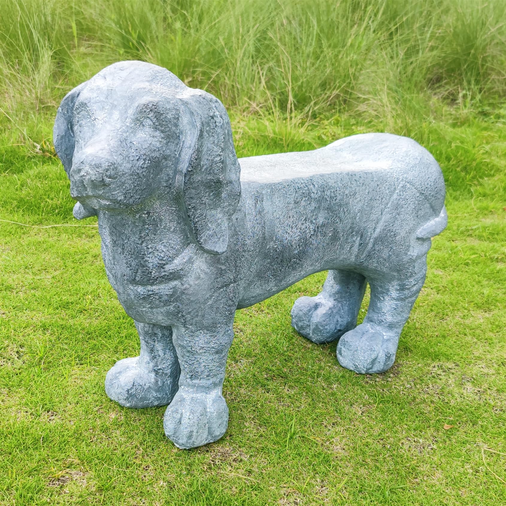 OUTOUR Lifelike Grey Dog-Shaped Bench Stool for Outdoor Garden Decoration Accessory, Magnesium Oxide Middle Size 33.8’’L