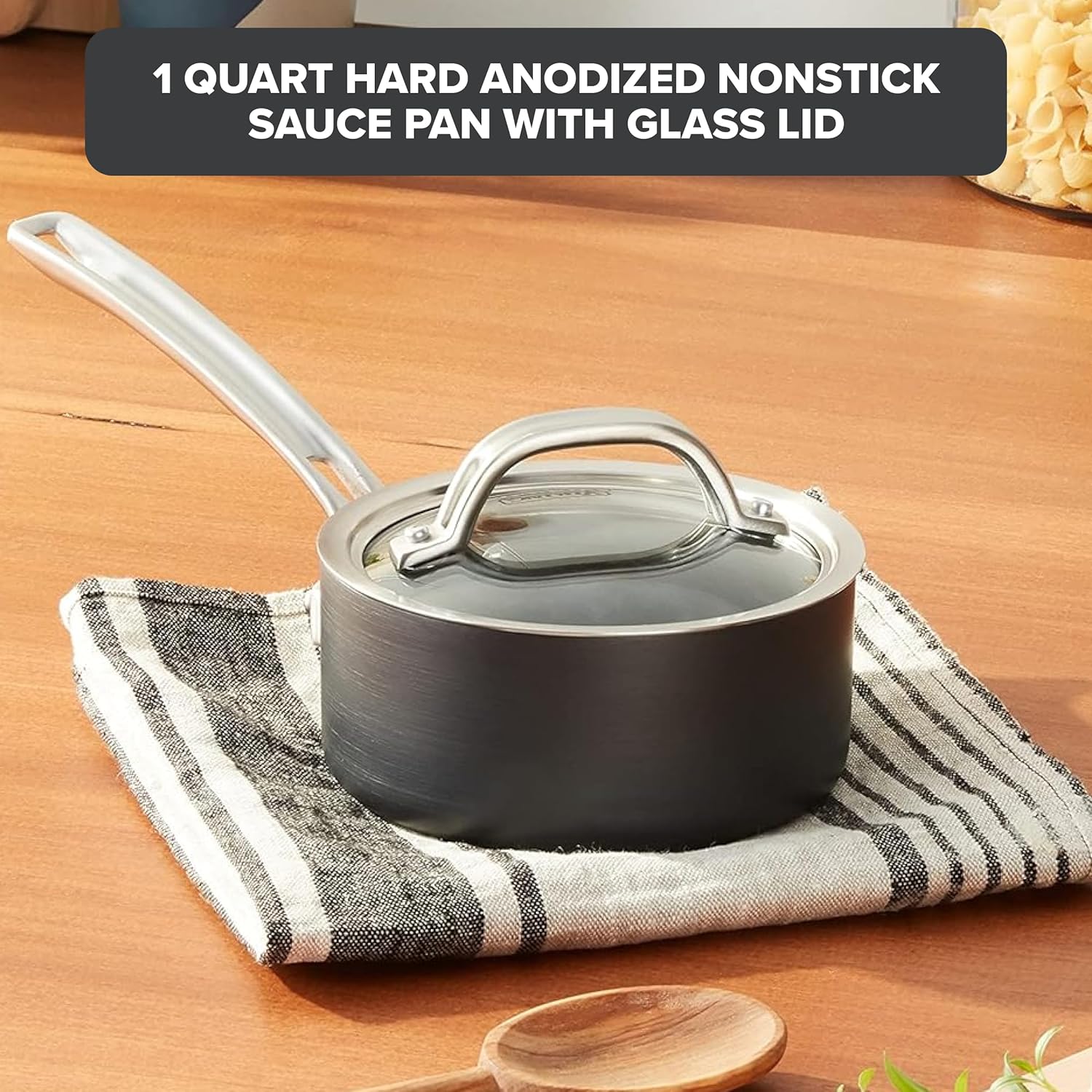 Viking Non Stick Sauce Pan with Glass Lid, 1 Quart Hard Anodized Nonstick Saucepan Cooking Pot, Dishwasher and Oven Safe, Induction Ready, Gray