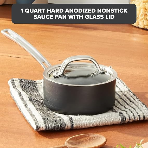 Viking Non Stick Sauce Pan with Glass Lid, 1 Quart Hard Anodized Nonstick Saucepan Cooking Pot, Dishwasher and Oven Safe, Induction Ready, Gray