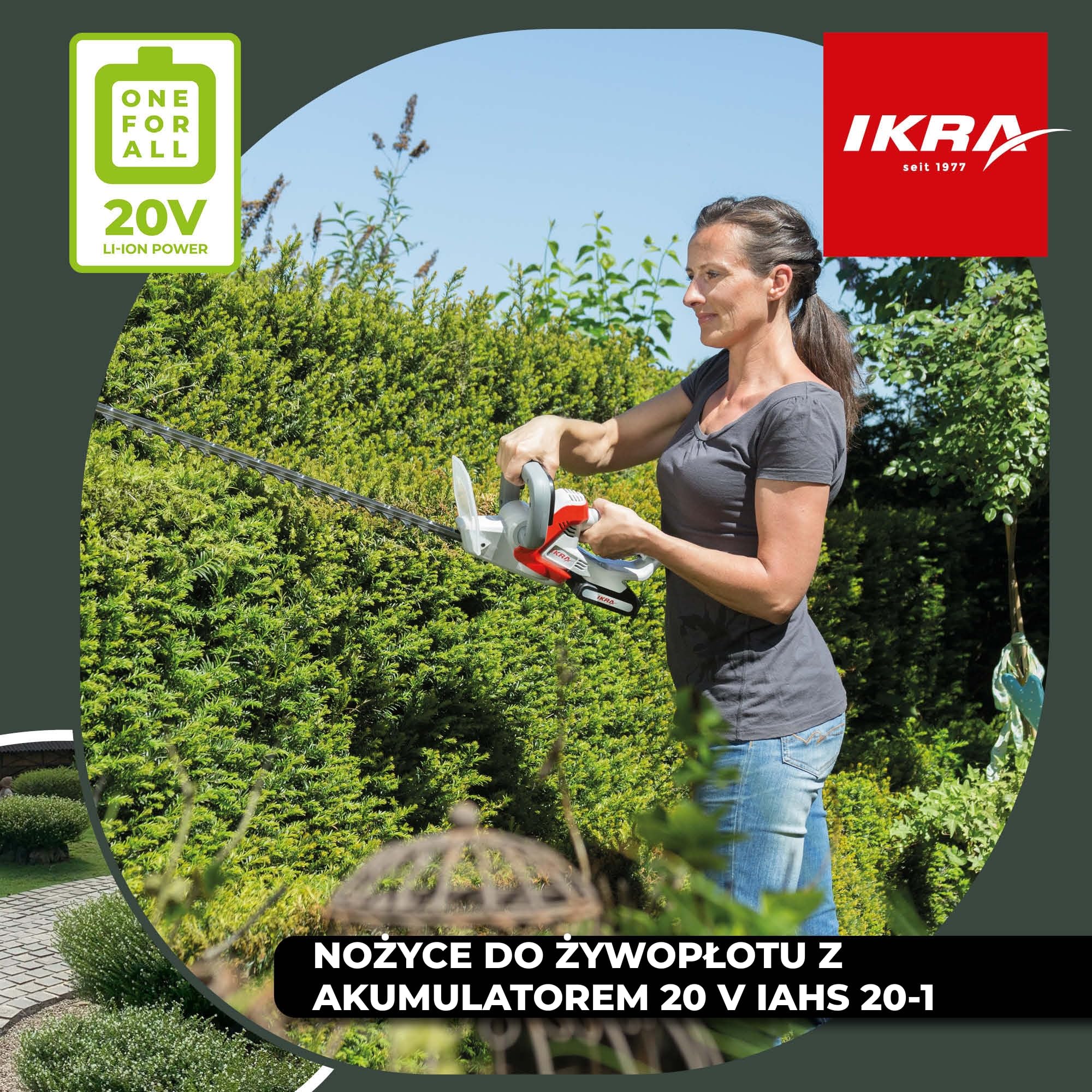 IKRA Nożyce do żywopłotu IAHS 20-1, 2 akumulatory i szybka ładowarka | Długość cięcia 54 cm, grubość 18 mm, miękki uchwyt, nóż z osłoną przeciwuderzeniową, kompatybilność z akumulatorami IKRA 20 V