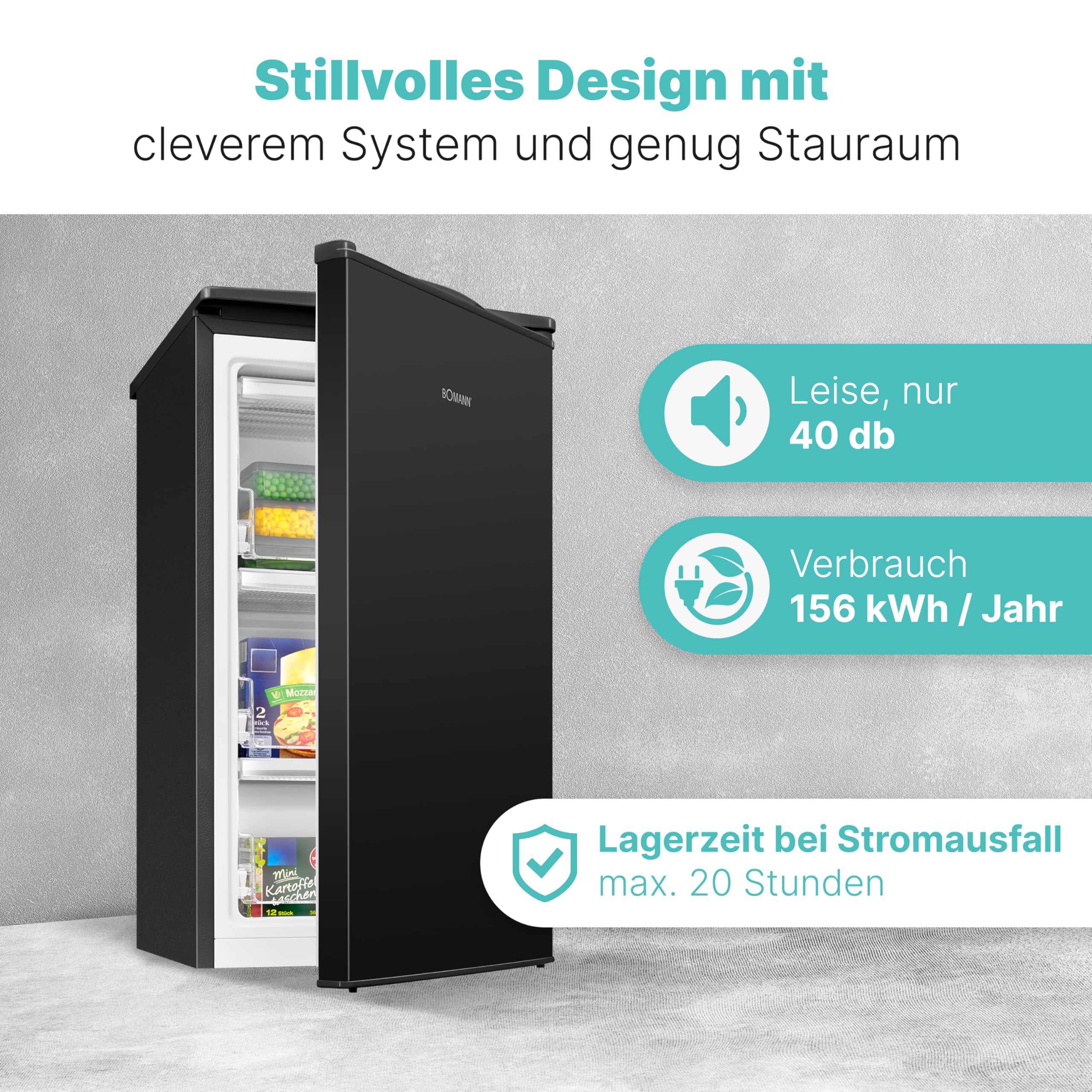 Bomann® Gefrierschrank klein | 4 Sterne-Gefrierfach | Tiefkühlschrank 3 Fächer | leise | ≤ -18°C | Türanschlag wechselbar | 60L Mini Freezer | kleiner Gefrierschrank | GS 7256 schwarz
