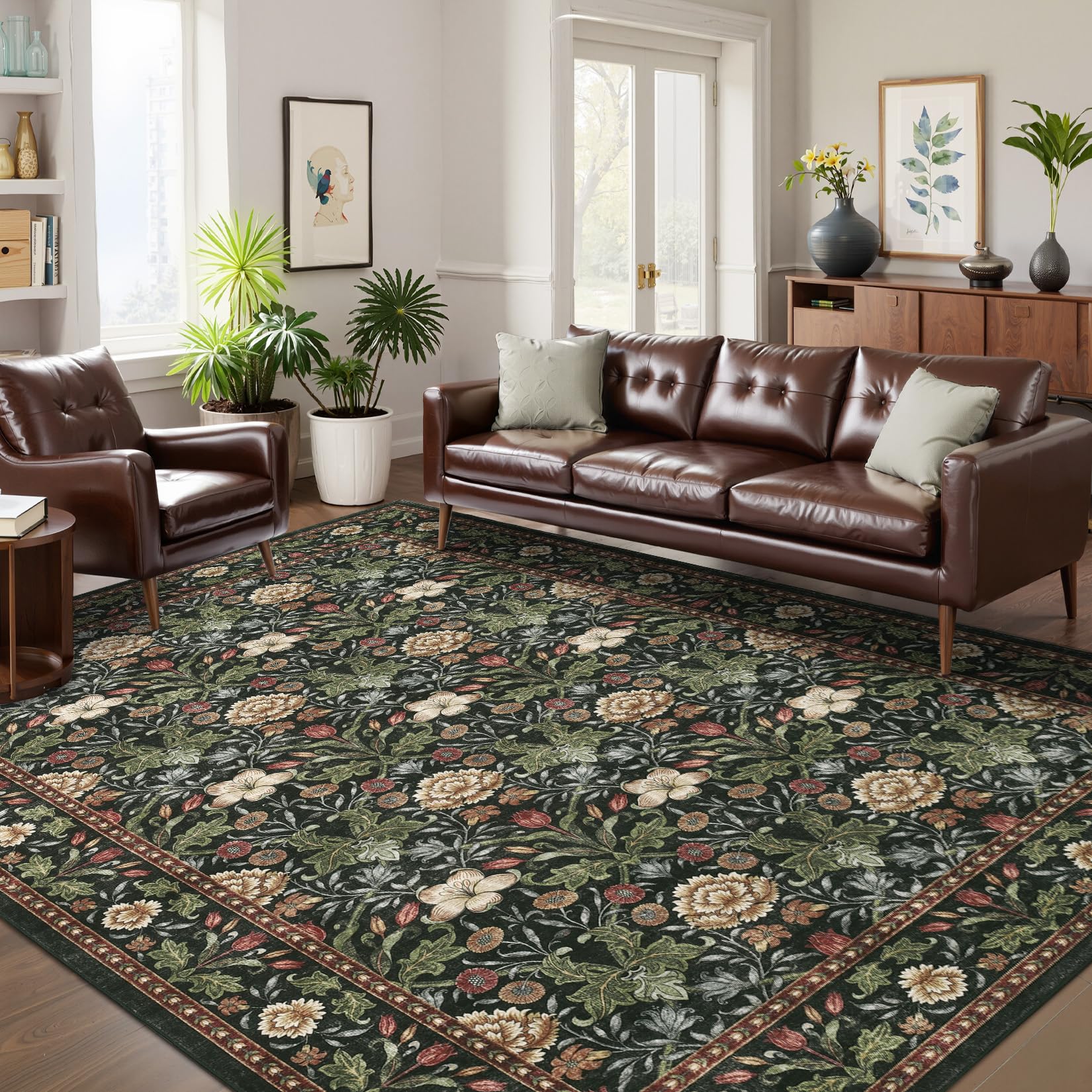 GarveeHome Washable Area Rug 6x9, Soft Vintage Floral Bedroom Rug Non Slip Low Pile Forest Green Carpet Stain Resistant Throw Rug for Bedside Kids