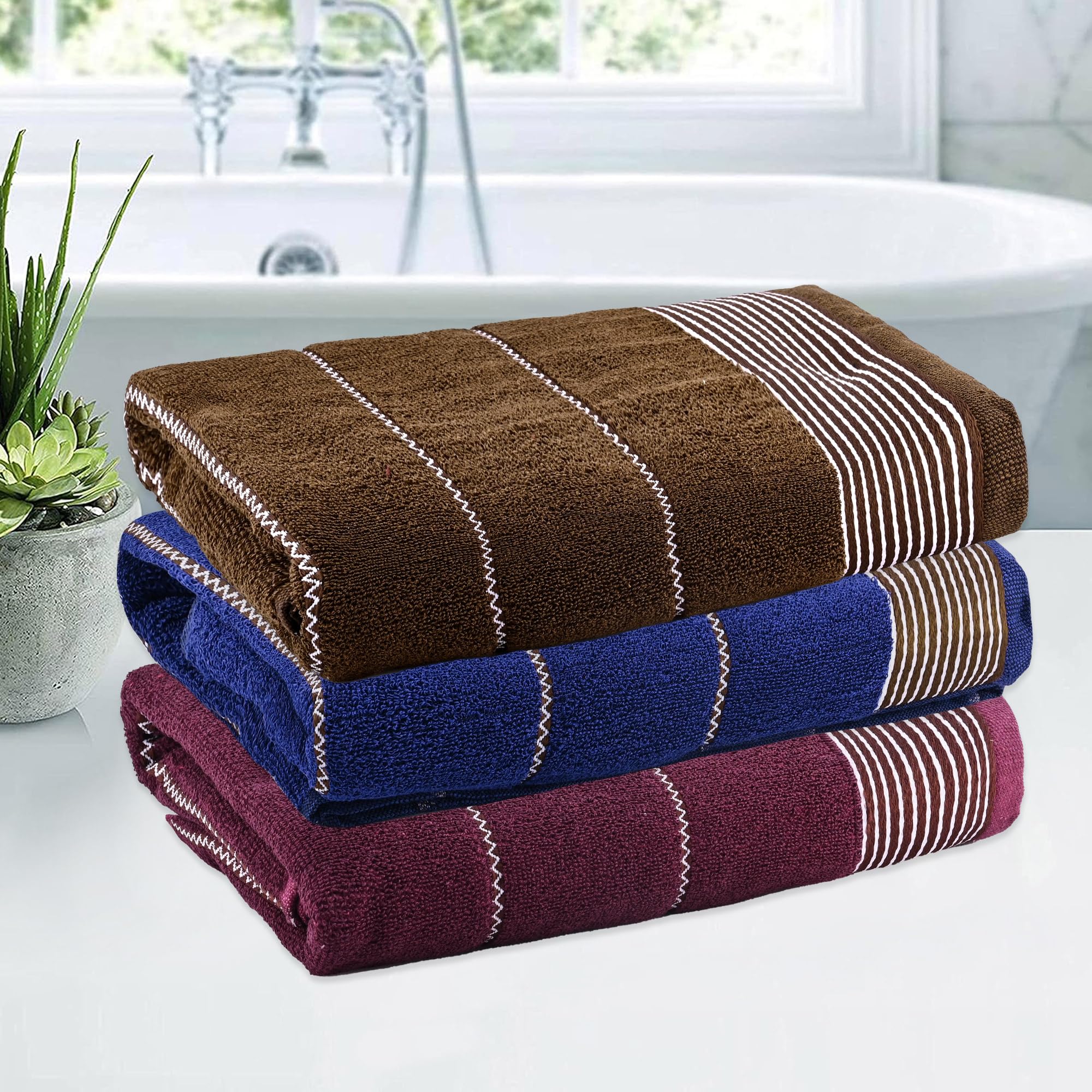 Urbane Home Pack of 3 Cotton Bathing Towel for Men/Women | 450 GSM Fade/Wrinkle Resistant Towels for Bath 30x60 Inch | Maroon, Dark Blue & Brown