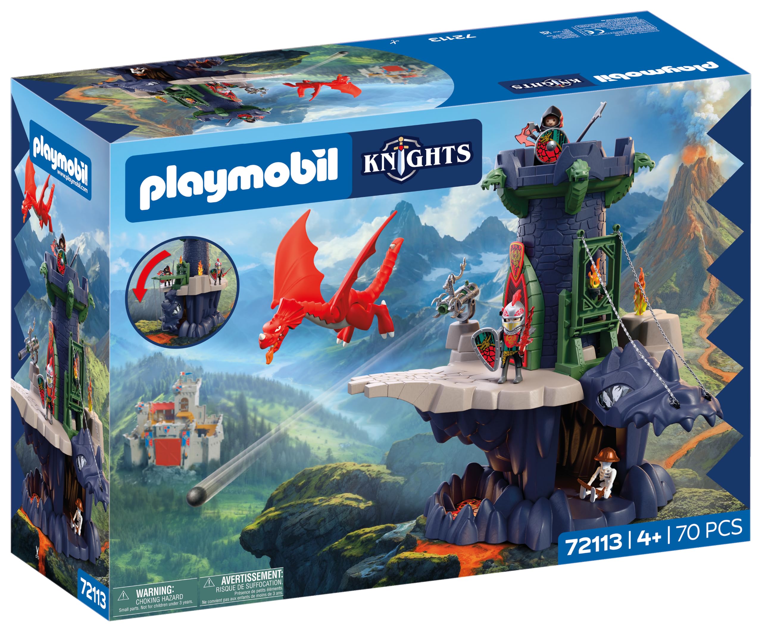 PLAYMOBIL | Knights | Wieża rycerzy smoków | wieża ze smokiem, mostem zwodzonym i jaskinia głowa smoka | zamek rycerski, zabawka dla dzieci od 4 lat | 72113