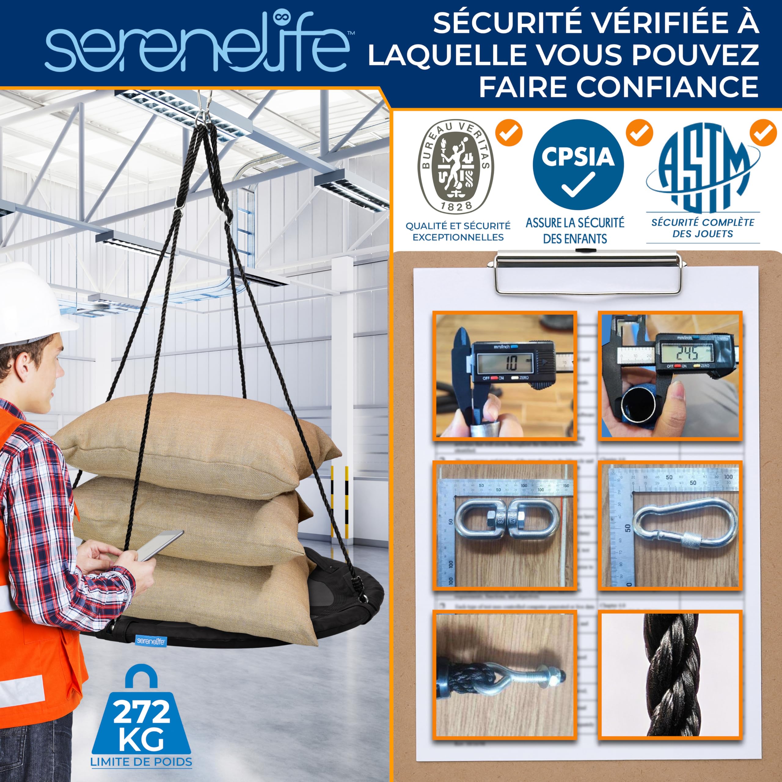 SereneLife Balançoire Exterieur Tournante 100 cm avec Coussin – Siège Extérieur Imperméable avec Sac, Charge 317 kg | Kit de Suspension Universel, Tapis Résistant à l’Eau, Noir