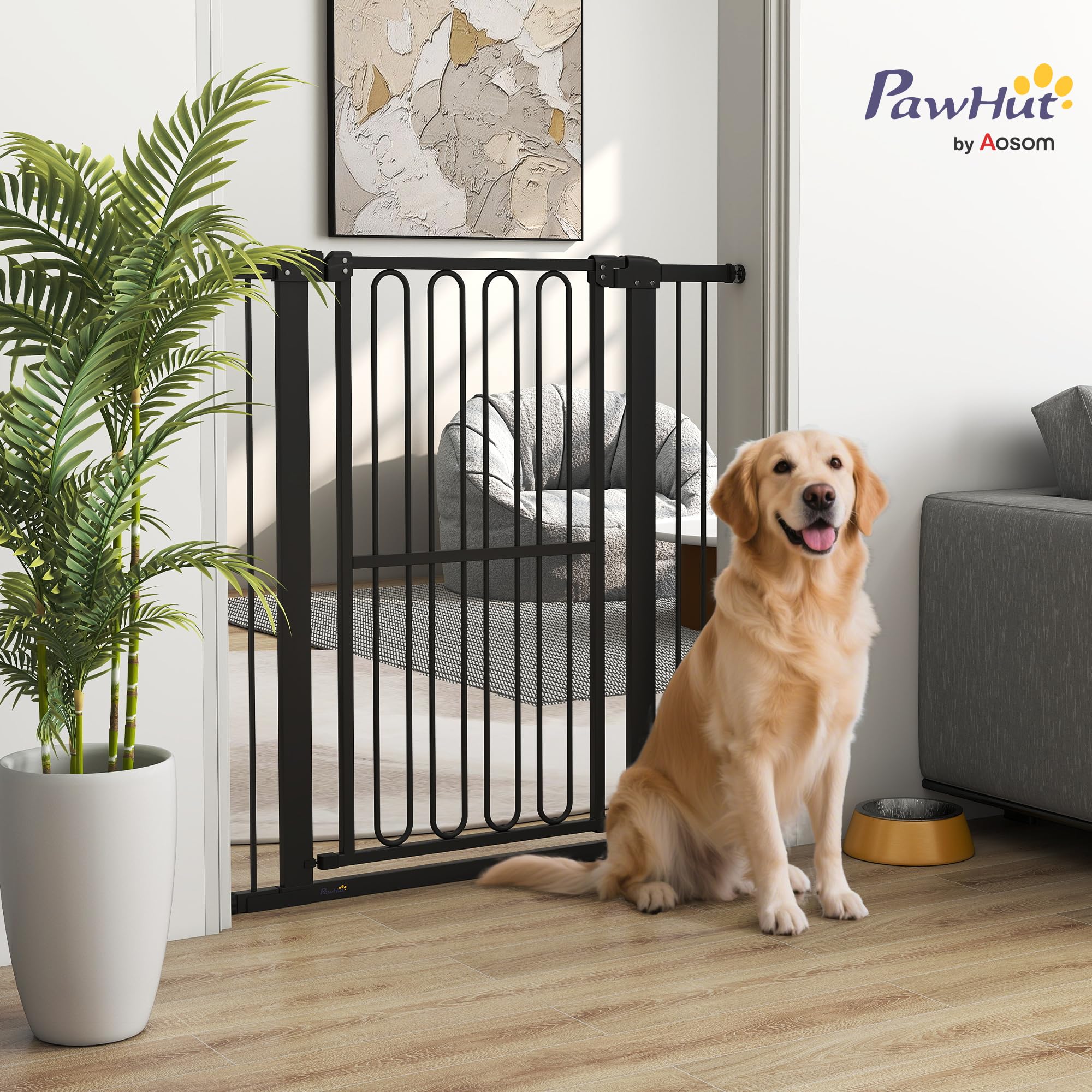 PawHut Barrera de Seguridad para escaleras Barrera de Seguridad para Puertas Barrera de Seguridad sin taladrar 76-104 cm Barrera de Seguridad de Acero para Perros, Mascotas escaleras, Puertas, Negro
