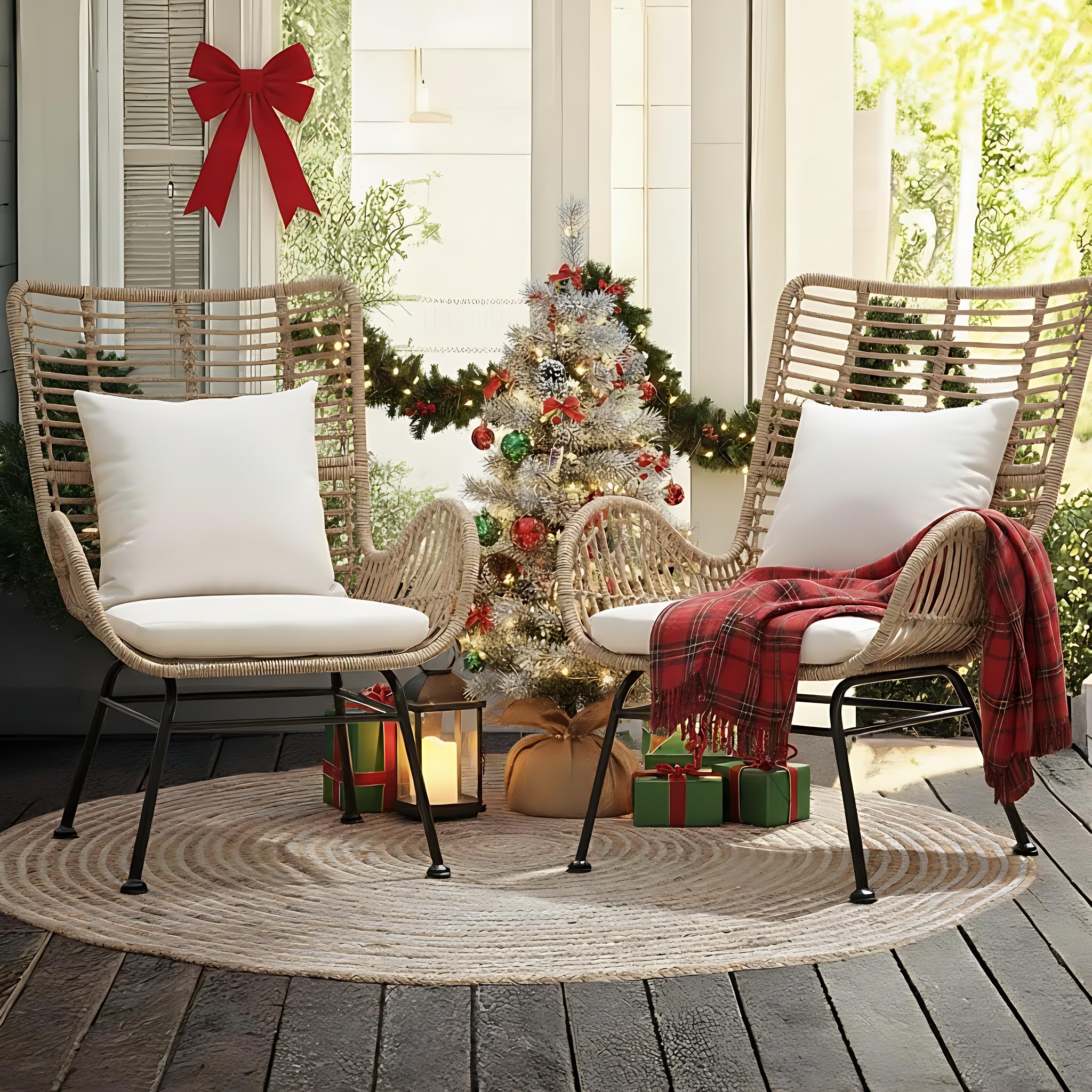 Idzo Isabelle Premium Wingback Wicker Chair Outdoor Set of 2 Upgraded 2000 Hour UV Resistant Rattan Boho Patio Furniture Set with Thick Olefin Cushions, 2 Pieces, Beige