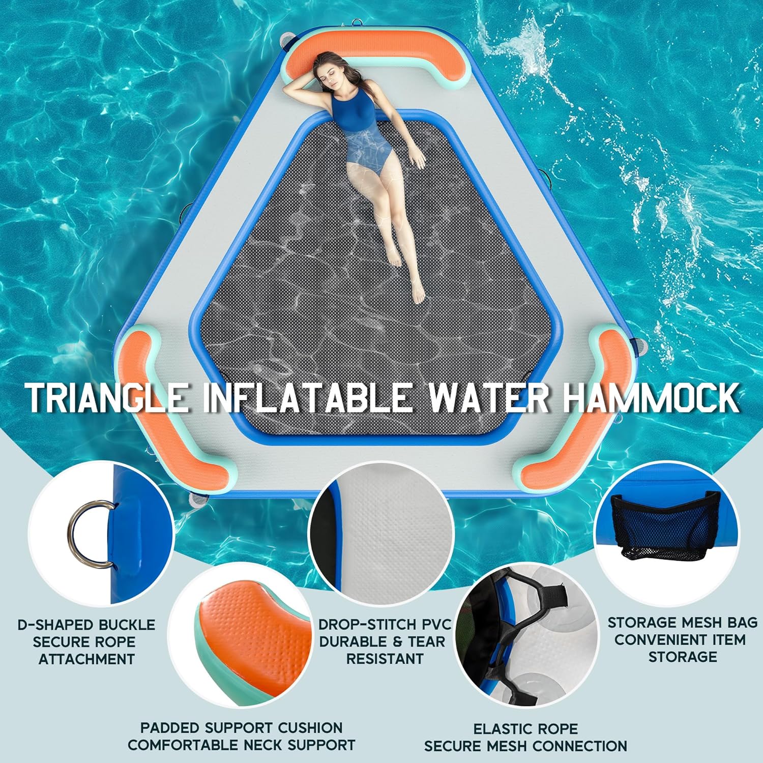 Albott Inflatable Water Hammock Float with Soft Ladder, Cup Holders and Mat Center, Round & Hexagon Lake Raft for 4–10 People, Heavy Duty PVC Pool Float for Summer Party & Family Fun