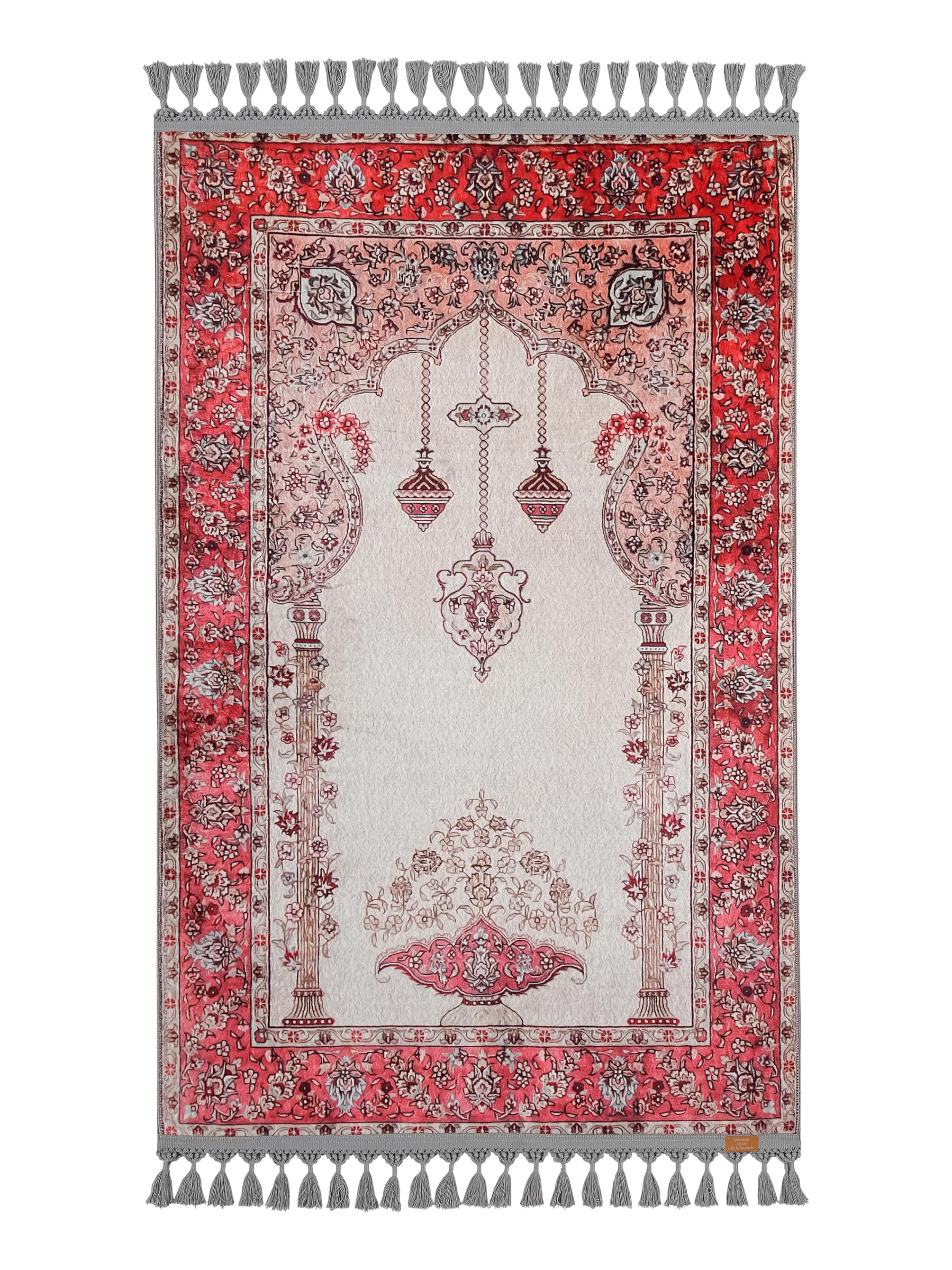 Tapis de prière turc allmode homestyle gris à pompons et motif floral