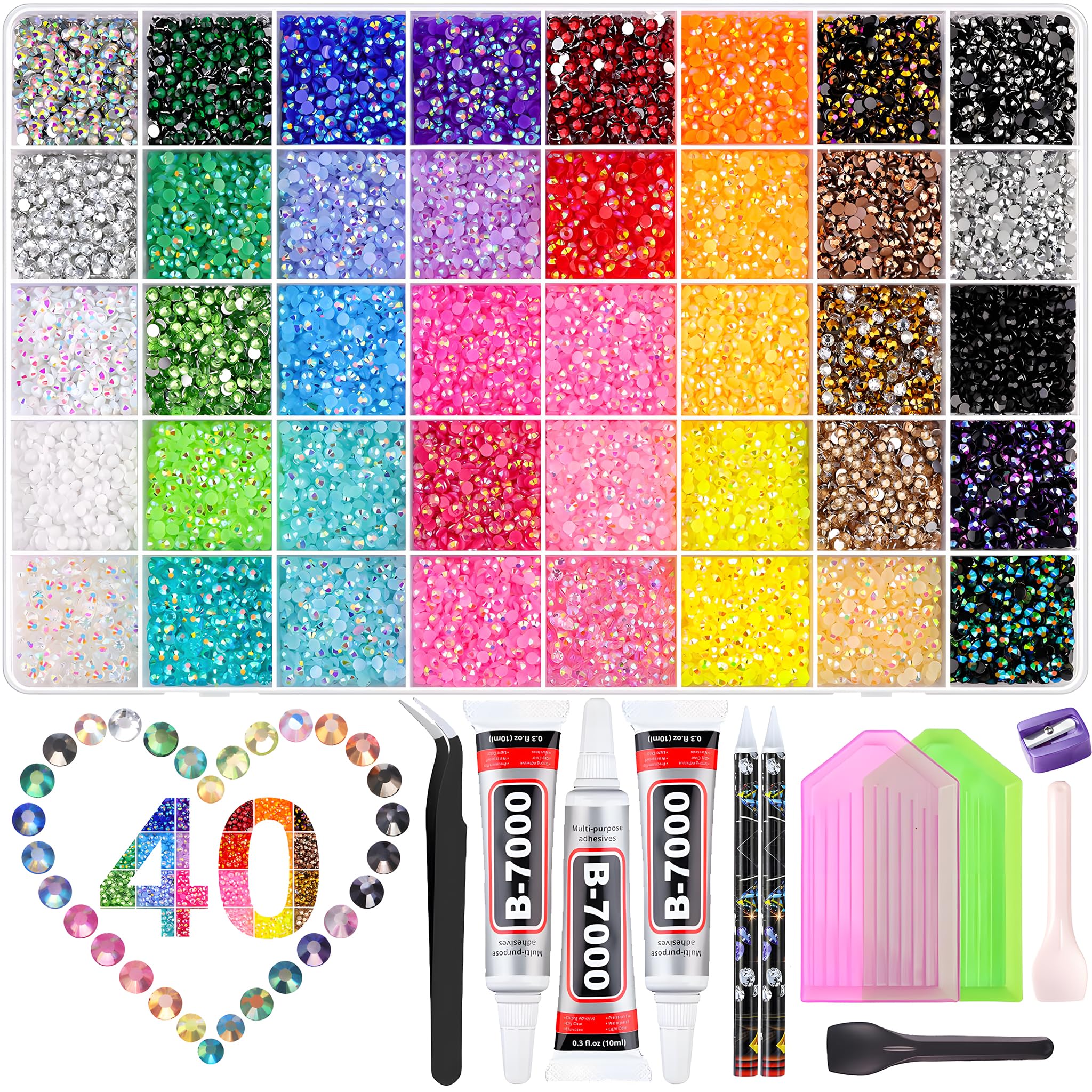 Rhinestone Kit for Bedazzling, 40000 Pcs 40 Colors 3mm Flatback Resin Jelly Rhinestones for Adults Girls Crafters, Bedazzle Kit for Nail Art Shoes Tumblers Phone Cases DIY Gifts