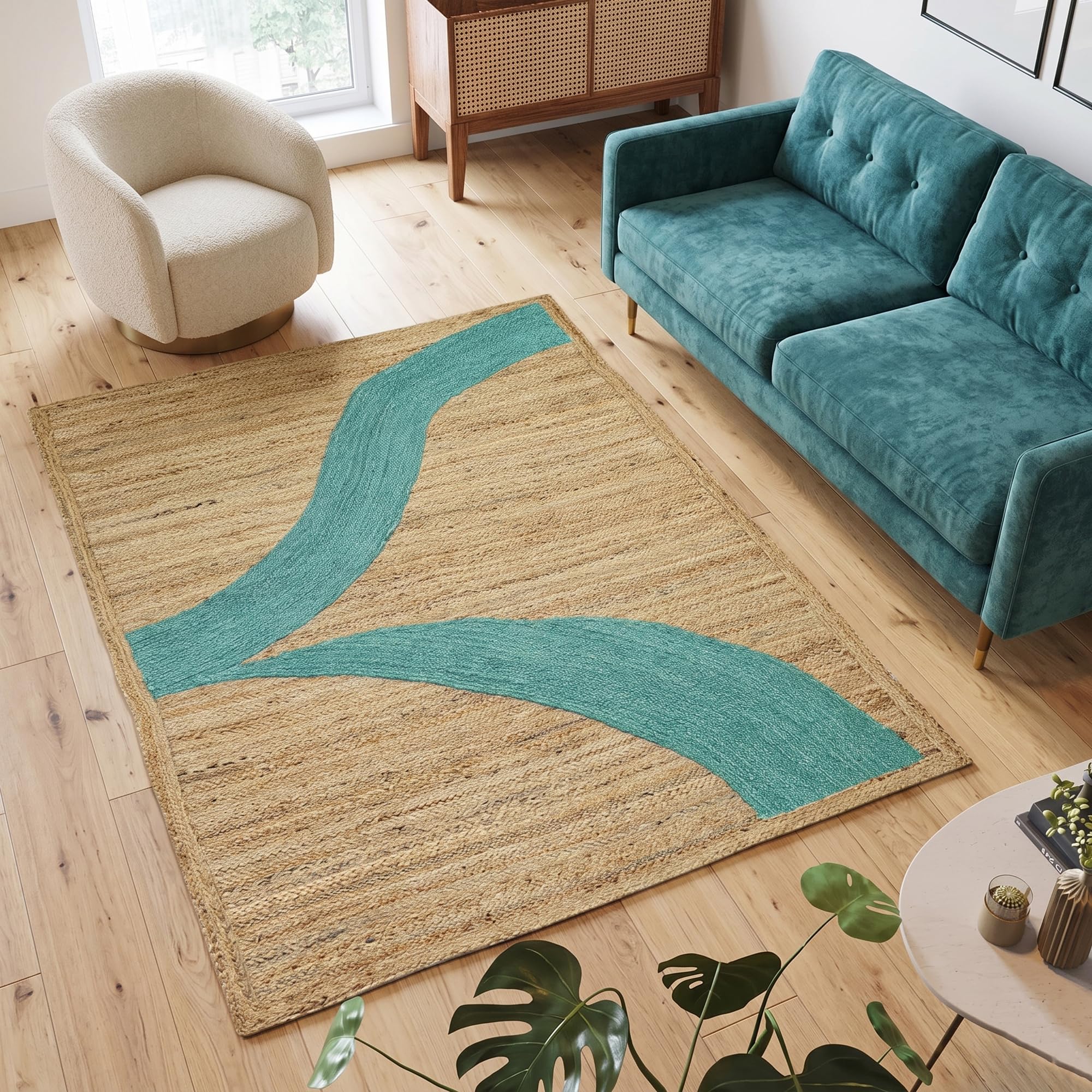 Tapis en jute bleu ciel de 1,8 x 2,4 m pour chambre cocooning et salon