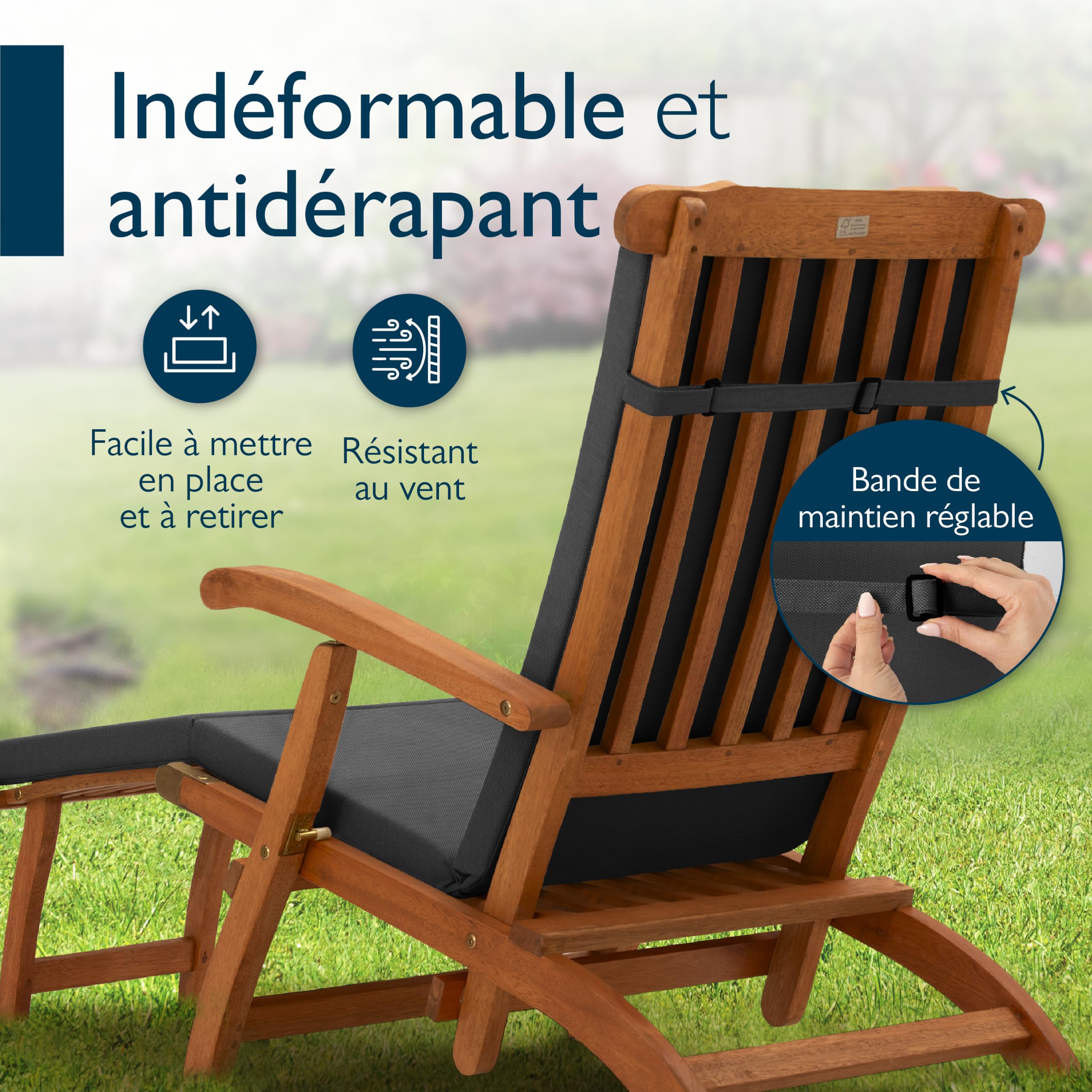 Beautissu Coussin Chaise Longue imperméable Matelas transat Bain de Soleil | 175x45cm anthracite 100% séchage rapide avec housse amovible Deckchair DC-QD rembourrage exterieur QD-DC