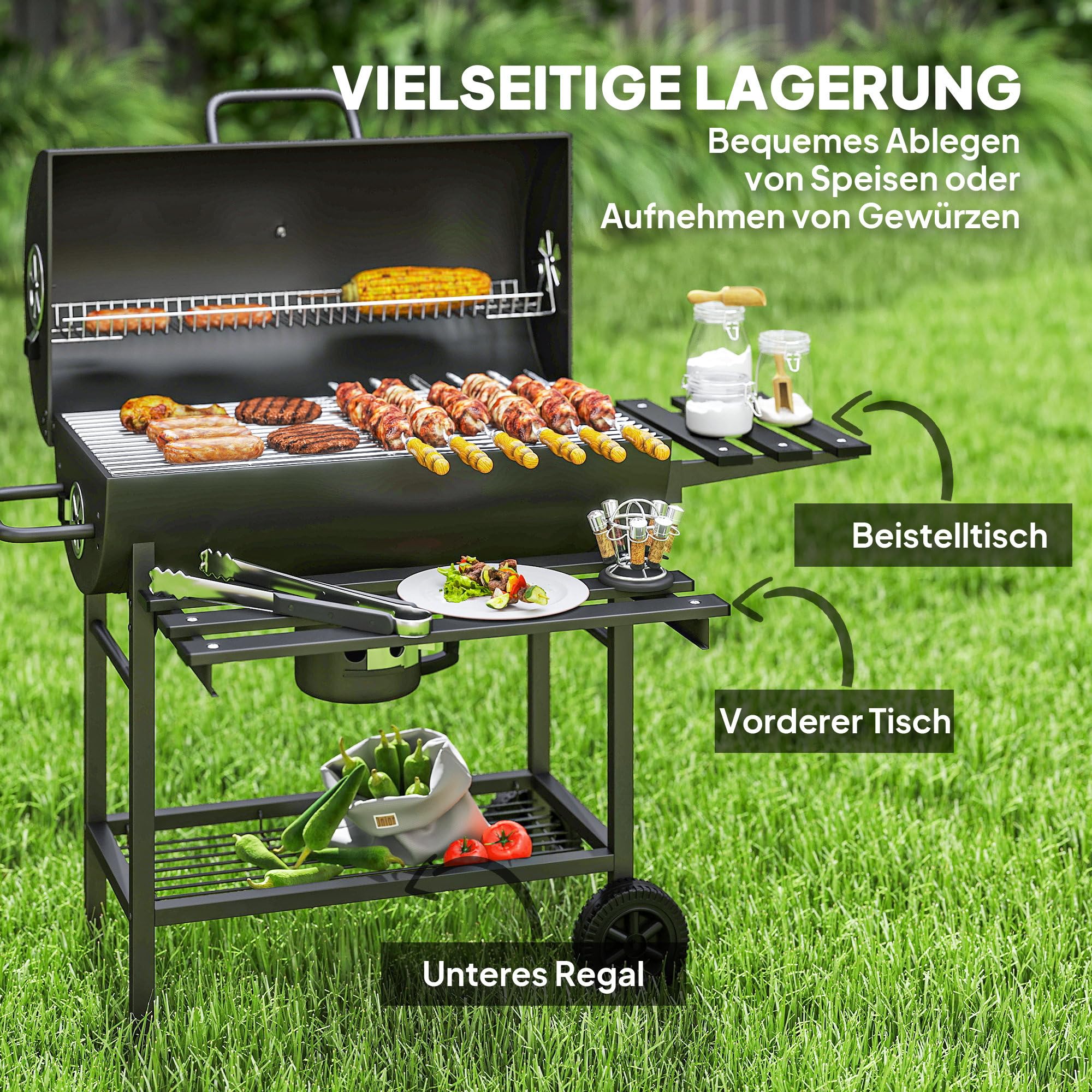 Outsunny Grill węglowy ze stali BBQ Smoker z pokrywą, uchwytami, termometrem, kółkami, mobilny grill węglowy, grill na węgiel drzewny do BBQ, campingu, tarasu i ogrodu 114 x 65 x 95 cm