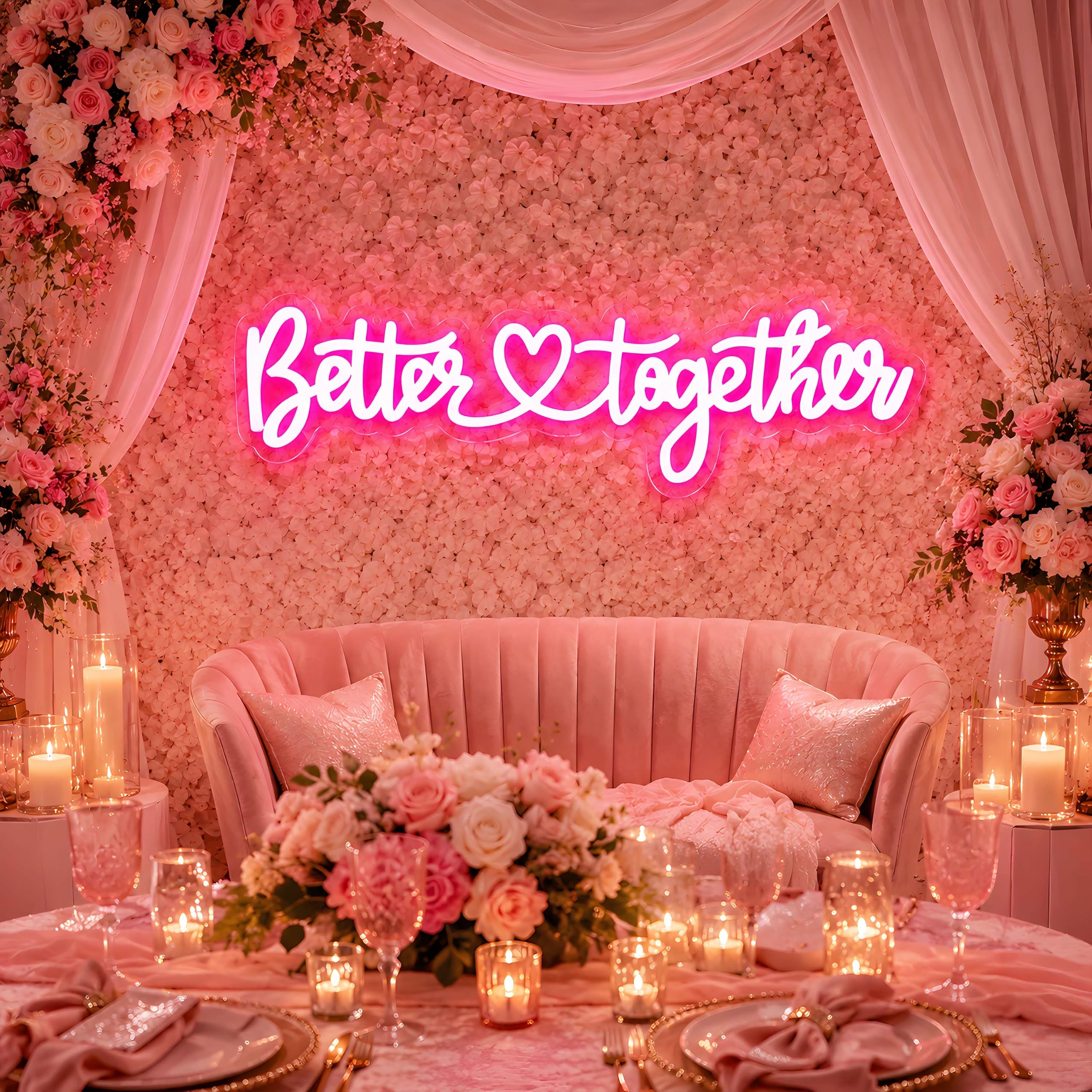 Better Together Neonschild für Wanddekoration, USB-betrieben, dimmbar, rosa Schrift, LED-Wortlicht für Hochzeit, Verlobung, Party, Brautparty, Schatz, Tisch, Paar, Geschenk