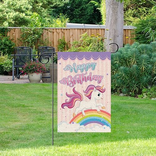 Miniatura 7 de Bandera de jardín de feliz cumpleaños, arpillera vertical de doble cara, fiesta de cumpleaños para niños y niñas, decoración al aire libre para
