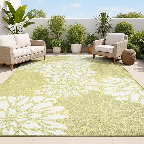JONATHAN Y Floral Textured Weave Indoor Outdoor Area Rug 8X10 Green/Cream, Zinnia Modern for Backyard, Patio, Porch, Easy-Cleaning, High Traffic, Pet-Friendly, Non-Shedding (SMB110H-8)