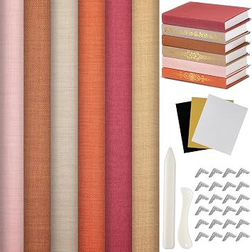 Book Binding Cloth Kit, Includes 12x16 Bookcover Cloth Fabric 24 Decorative Corners 3 Iron on Vinyl Sheets Bone Folder Tools, Backing Paper,for Old Book DIY Craft SuppliesRust Color