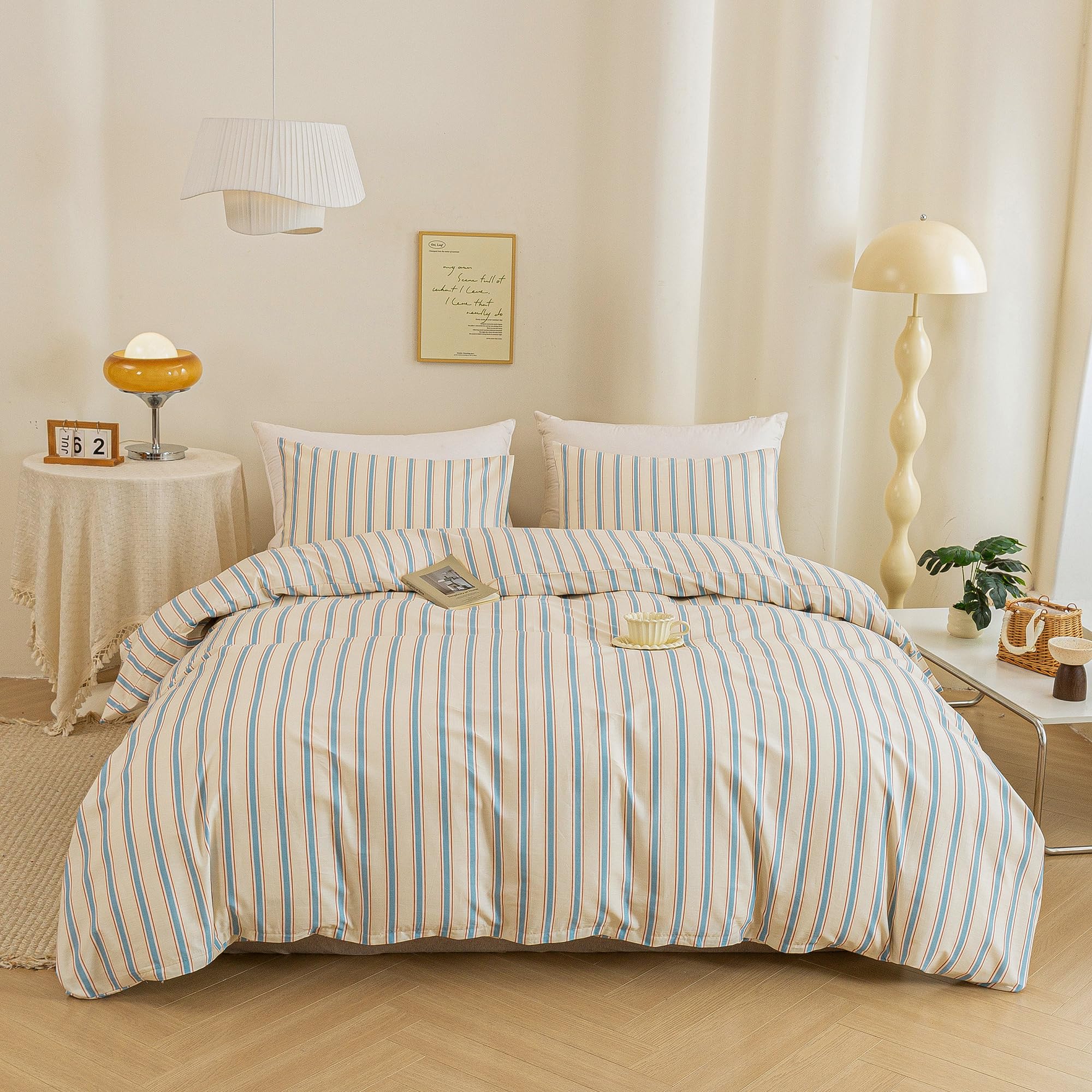 ECOCOTT Striped Duvet Cover Queen Size, 100% Washed Cotton Linen Feel Bedding Set, Blue Brown Pinstripe Comforter Cover with Zipper Closure &amp; Corner Ties