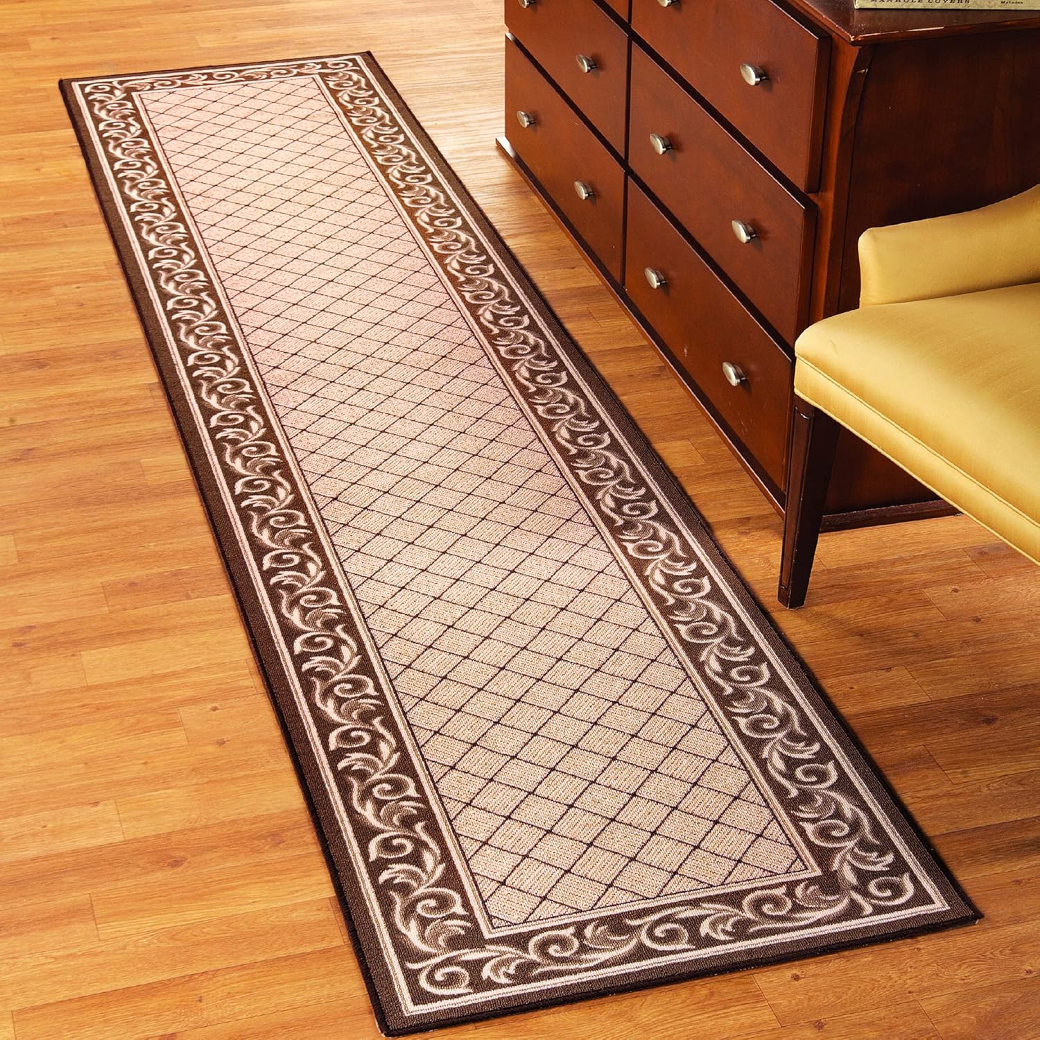 Collections Etc Floral Scroll Basket Weave Rug with Skid-Resistant Backing, Chestnut, 26" X 120"