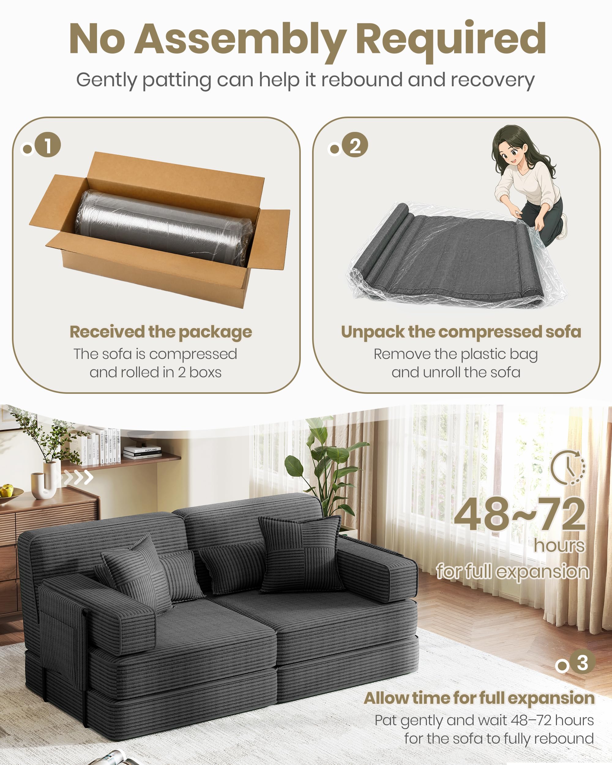 Sofá cama deshuesado, sofá modular convertible 5 en 1 de 190 cm, de pana, sin montaje, sofá cama doble plegable de 2 a 3 plazas con almacenamiento, 4 almohadas y marco de metal, futón de suelo para