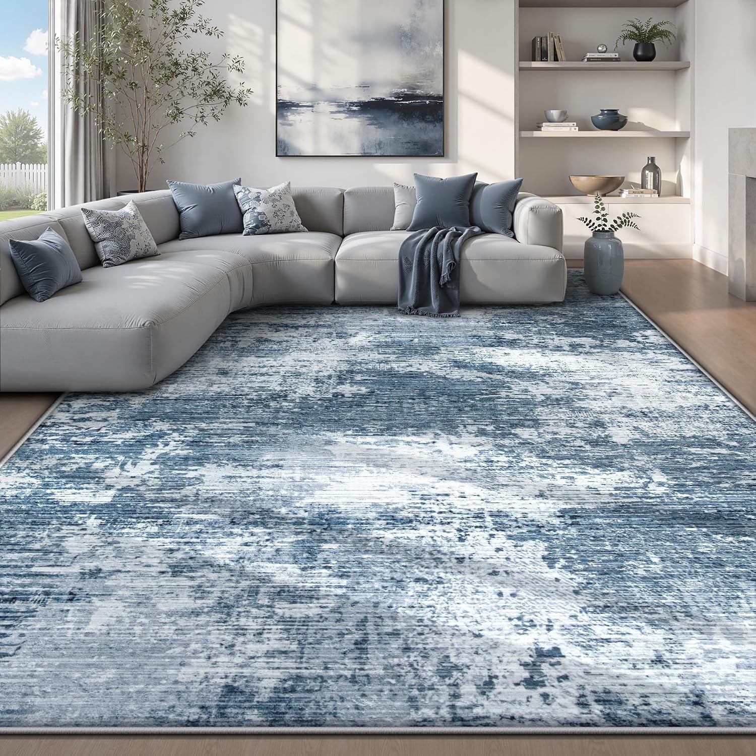 8x10 Area Rugs for Living Room: Washable Modern Abstract Rug Large Neutral Non-Slip Low Pile Indoor Carpet for Bedroom Dining Room Nursery Office (Blue, 8'x10')