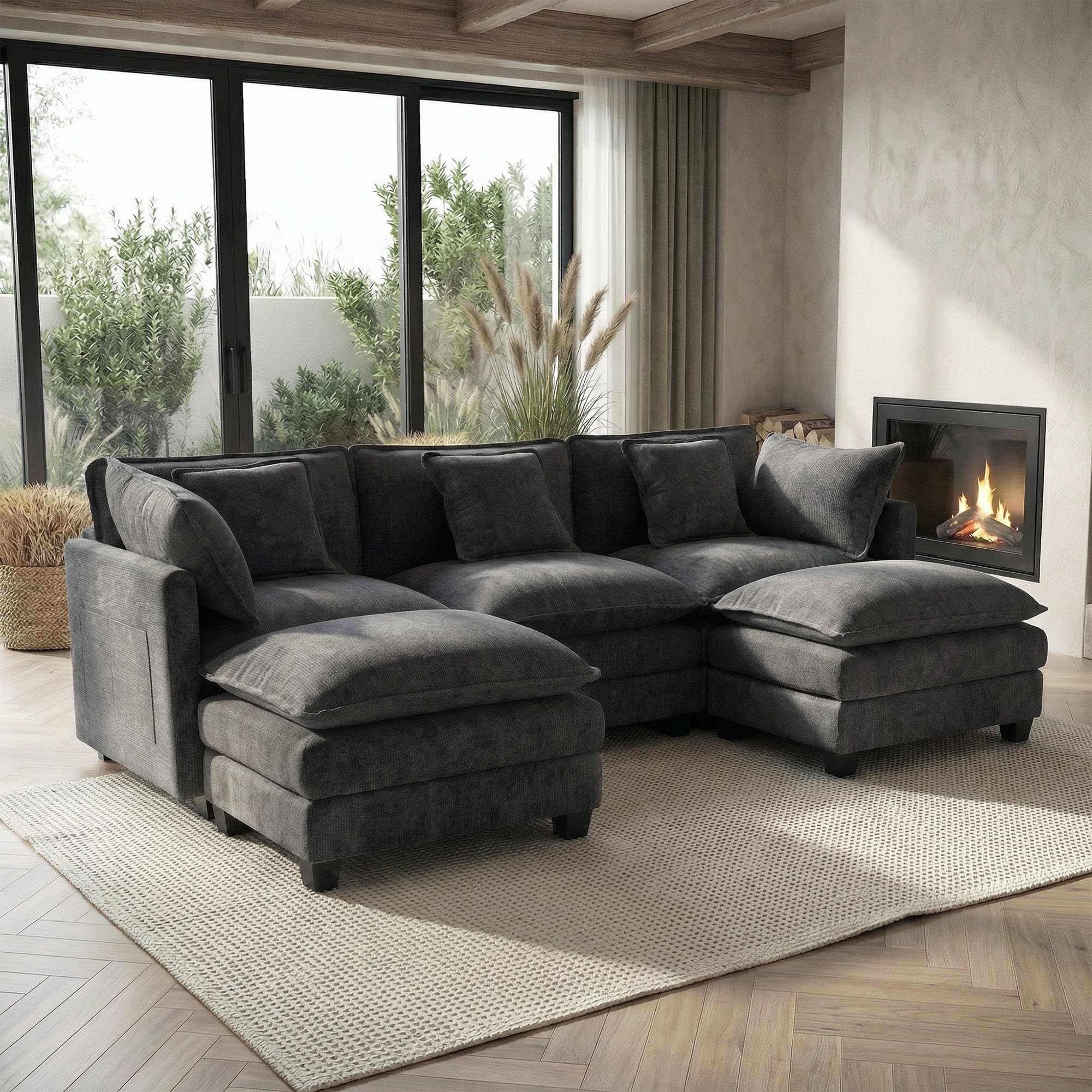 GRAVFORCE Ecksofa mit Schlaffunktion 240cm U Form Groß 3 Sitzer mit 1 Hocker Couch Modulares Big Sofa, Chenille Couch mit tiefer Sitz für Wohnzimmer, Wohnung, Büro
