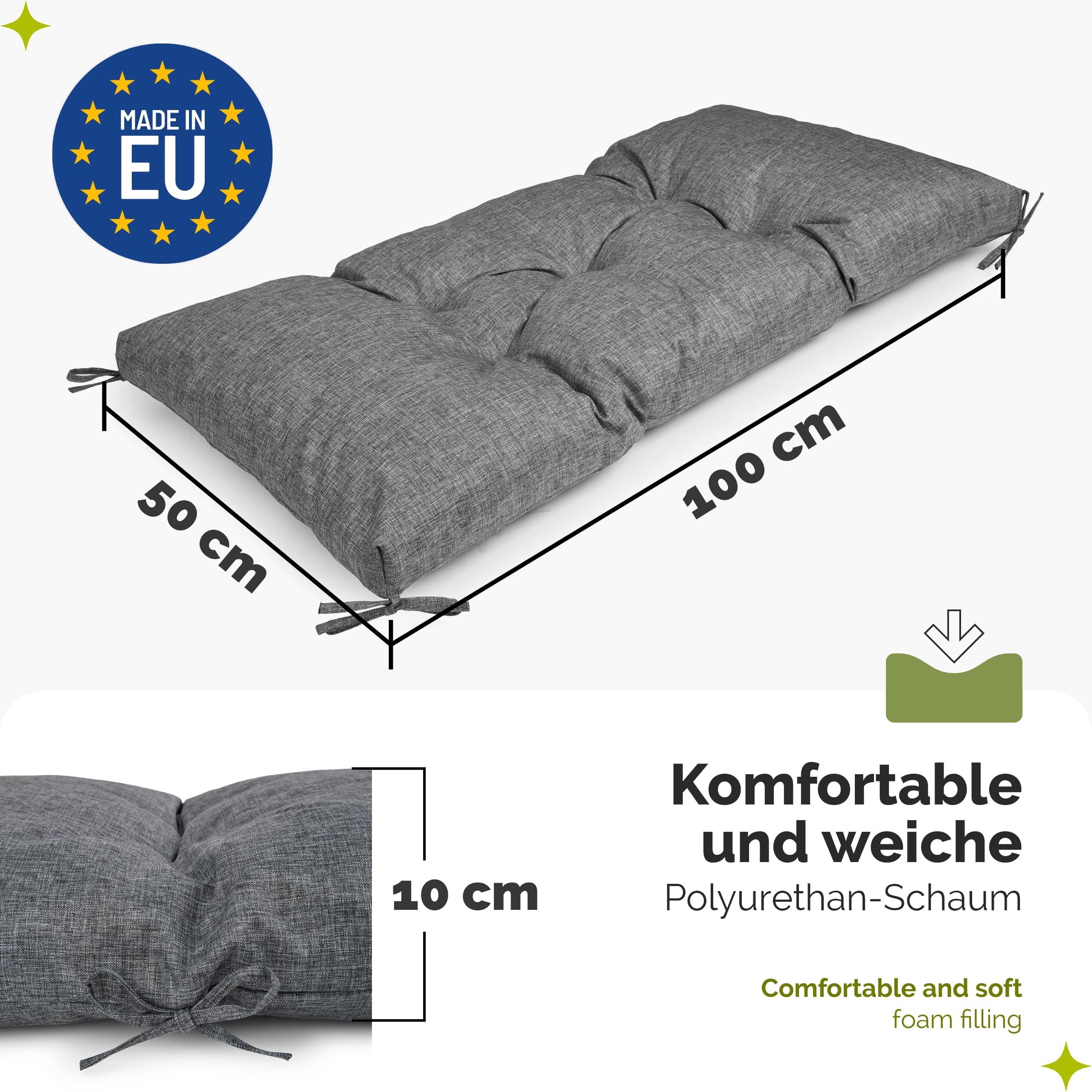 Garronda Bankauflage wasserabweisend 100x50 cm ca. 10 cm dick Sitzkissen Outdoor für Gartenbank und Hollywoodschaukel Polster Auflage für Sitzbank UV-beständig mit Bändern GD-0219 Grau