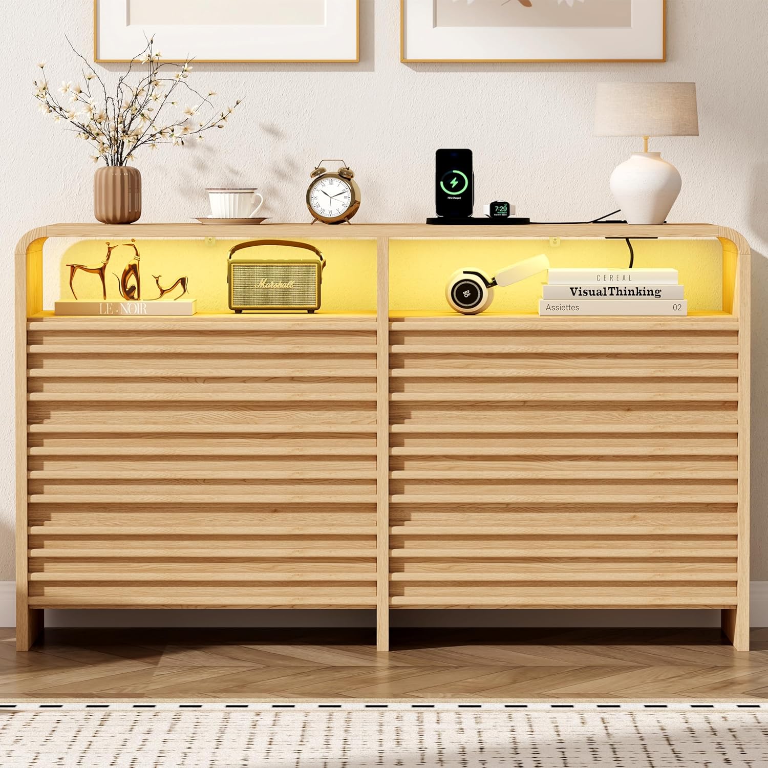 Fluted 6 Drawer Dresser with LED Lights, 47.2"W Wooden Chest of Drawers with Charging Station & Curved Profile, Dresser TV Stand, Modern Double Dresser for Closet, Living Room, Hallway, Natural Oak