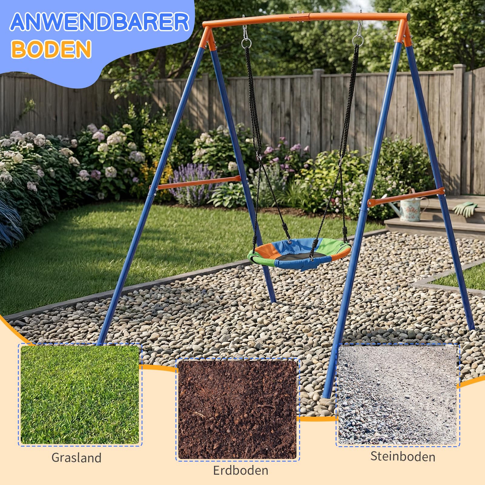 LEADZM Altalena da esterno per bambini con ancoraggio a terra, struttura a dondolo con struttura, portata 100 kg, 144 x 175 x 181 cm