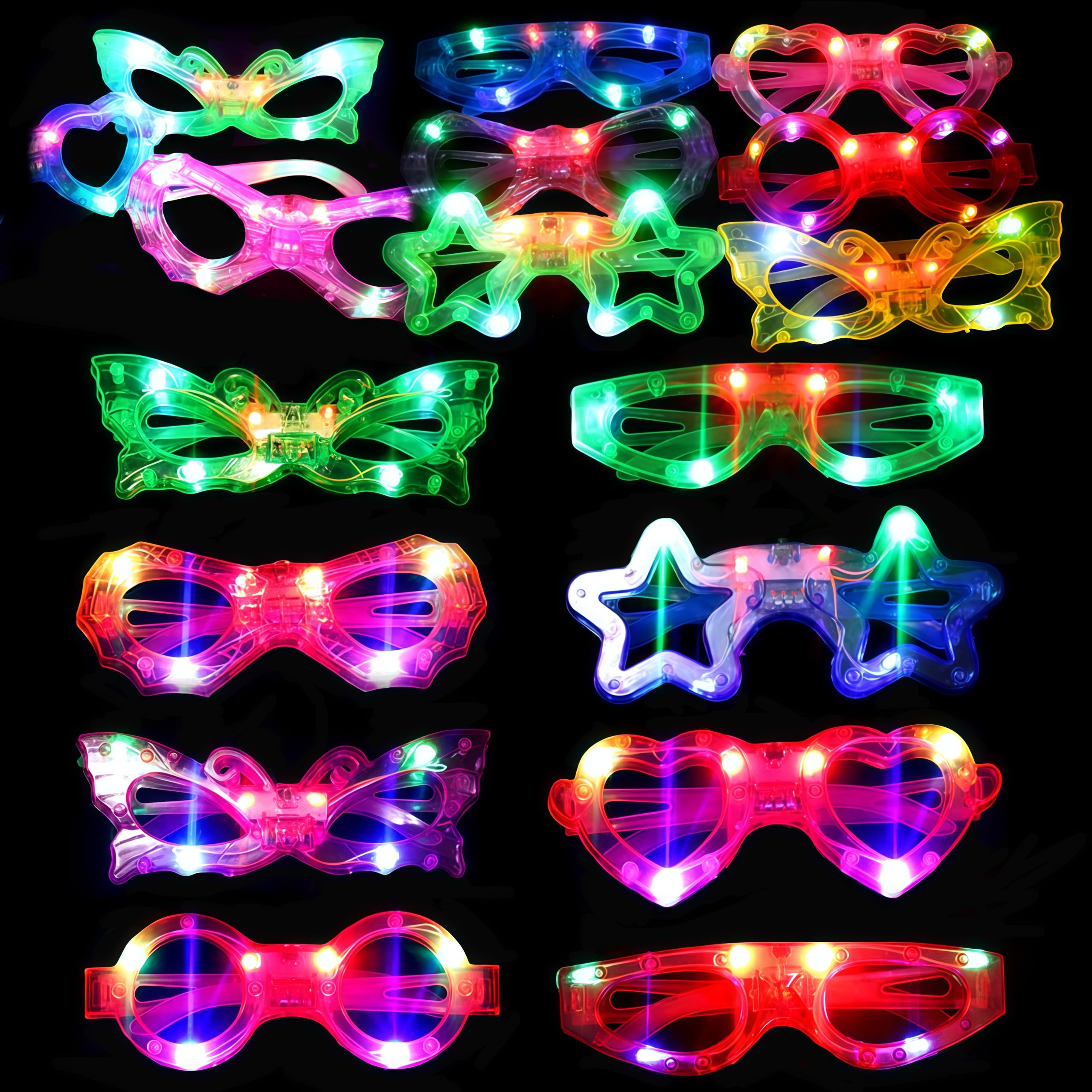 72 Packs LED Glasses for kids Glow in the dark Party Supplies Favor,6 LED 6 Shapes Glasses Flashing Plastic Light up Glass Toys Bulk 3 Replaceable