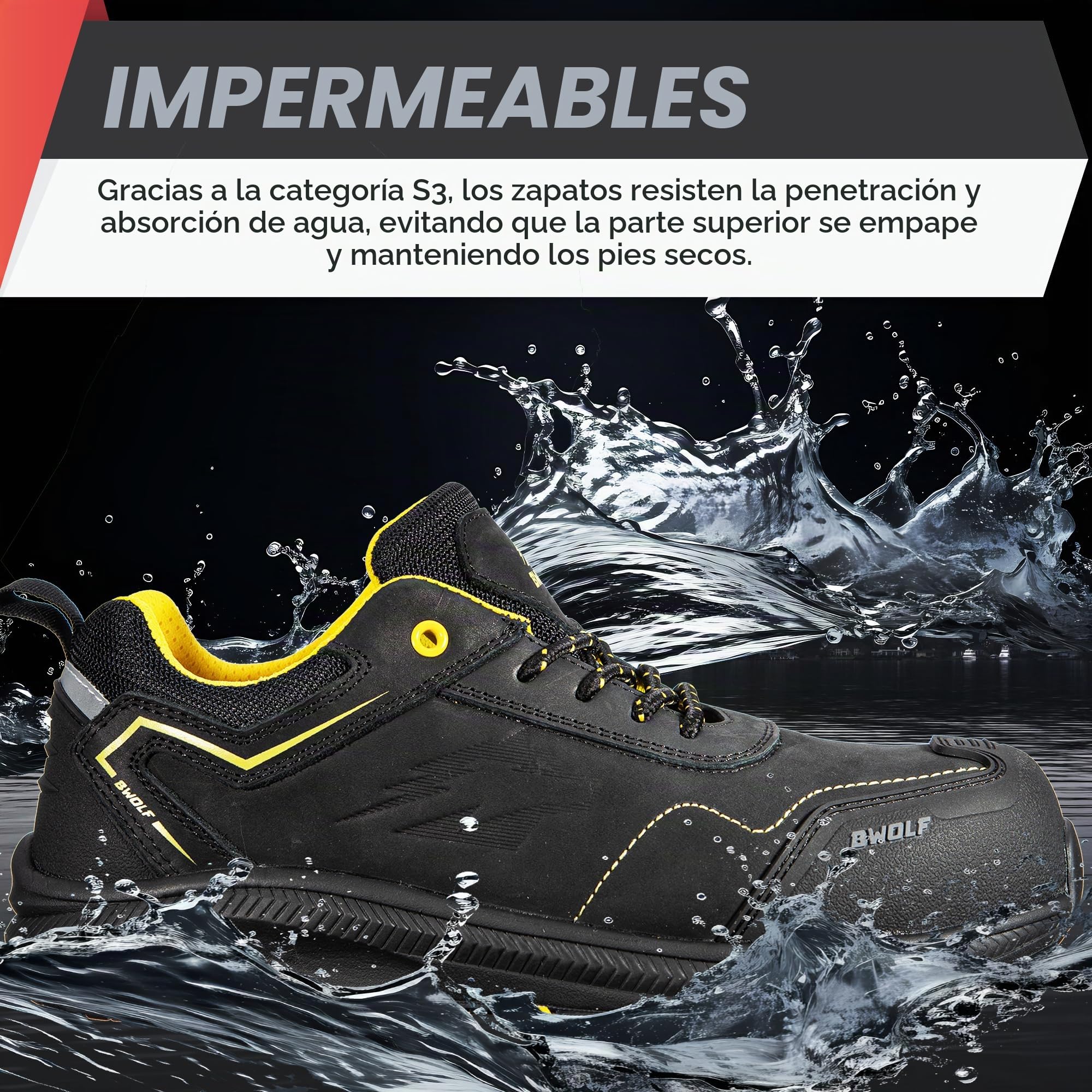 BWOLF Phoenix S3S Zapatos de trabajo para hombre S3 zapatos de seguridad para hombre S3 Nabuk impermeables, antideslizantes 4 x 4 Grip Tech, suela Ergo