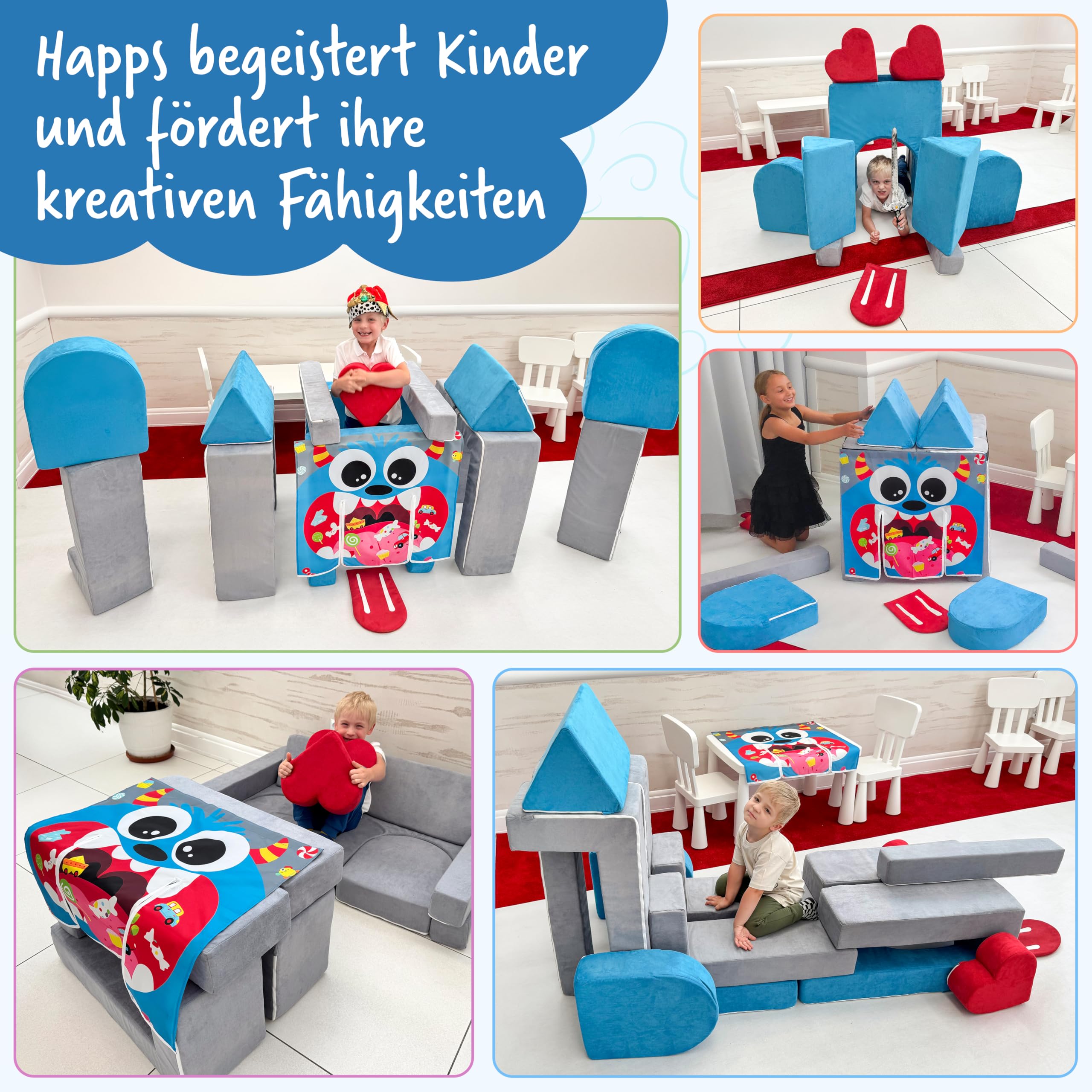 HAPPS Spielsofa – modulares Kindersofa & Kuschelecke – 18 Teile, 12 cm Polsterdicke – waschbare Bezüge & verdeckte Reißverschlüsse – Spielcouch zum Bauen, fördert Kreativität