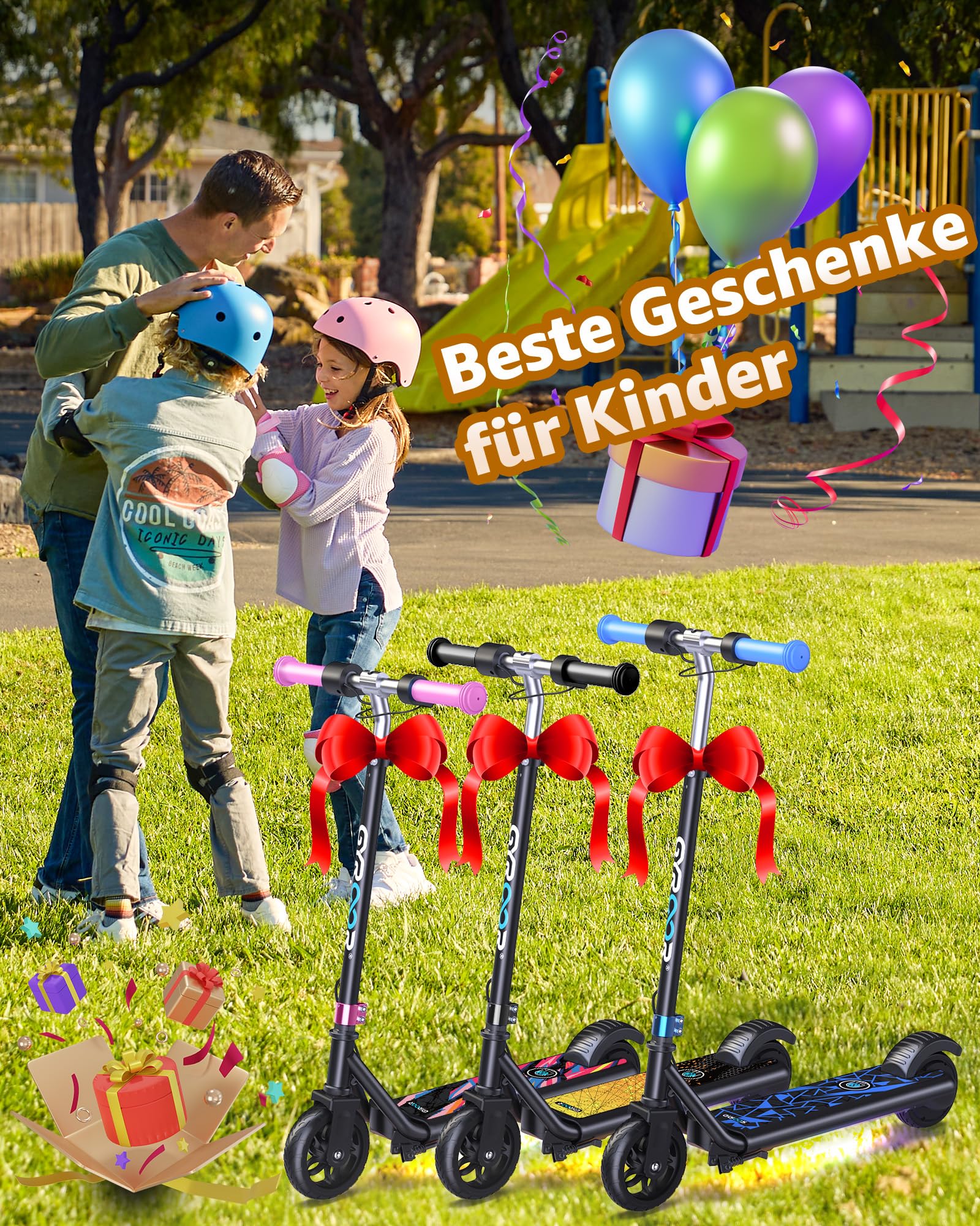 Gyroor Patinete eléctrico para niños de 6 a 12 años, Motor de 150 W, para niños, 10/13/16 km/h, Pantalla Digital LED, música y Scooter para niños, Luces arcoíris, 3 Alturas Ajustables