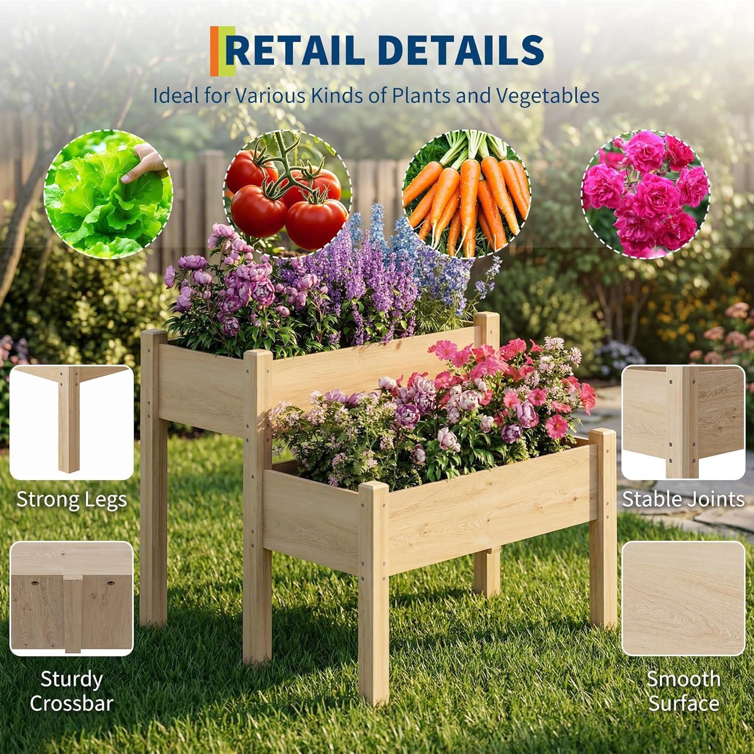 GarveeLife 34x34x29inches Two-Tier Wooden Raised Garden Bed with Legs, Large Elevated Outdoor Planter Box with 8 Drainage Holes, 352 Lbs Capacity for Vegetables, Herbs, Flowers, Backyard, Patio