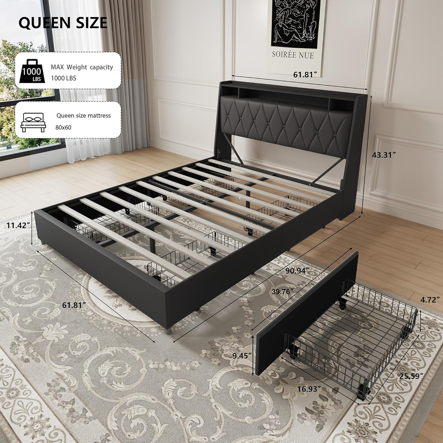 Queen Size Bed Frame, Queen Bed Platform Bed Frame with 4 Drawers, Bed Frame with Storage Shelf, Bed with Leather Headboard, Outlets & Charger, Noise-Free, No Box Spring Needed (Black, Q)