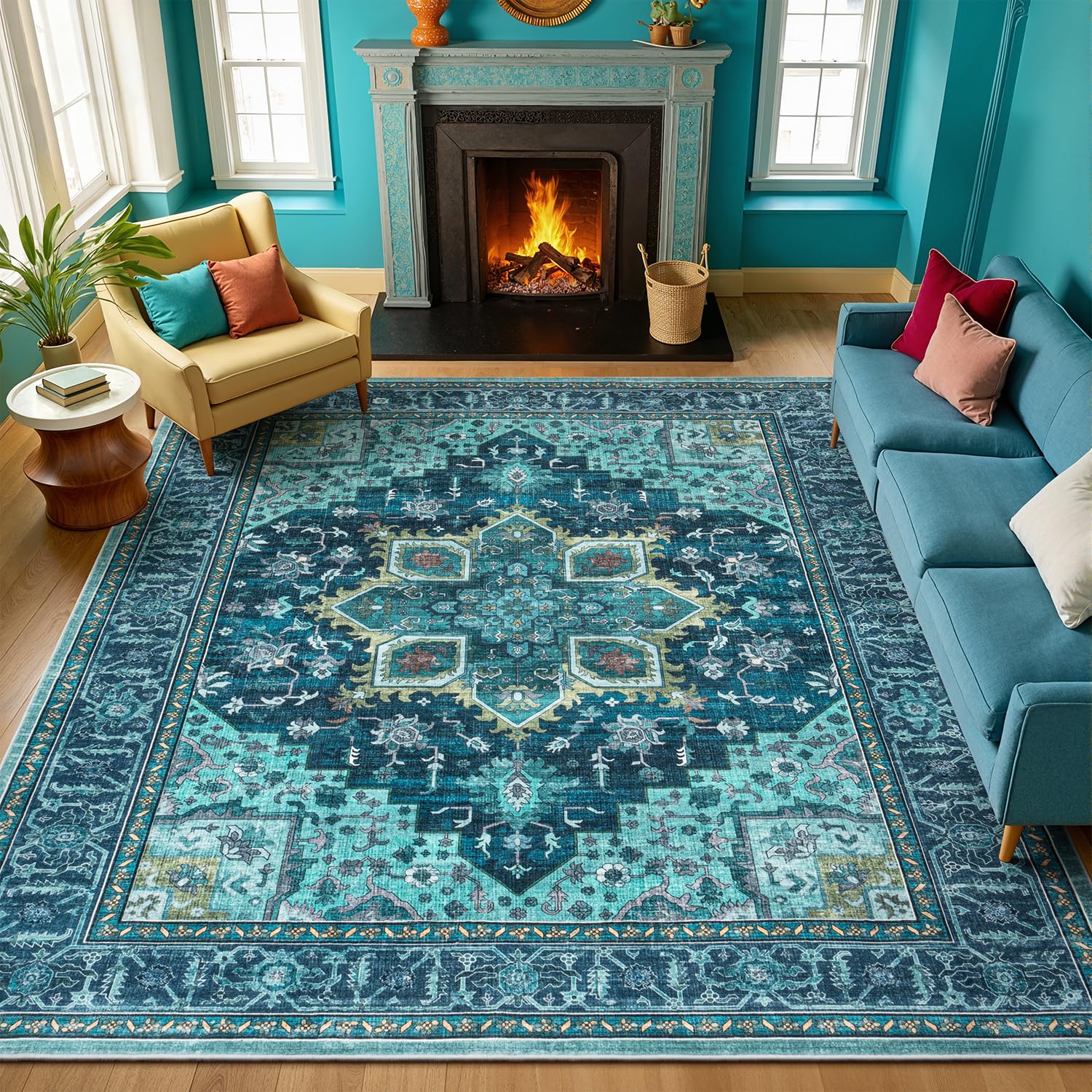 Vibrug 8x10 Turquoise Boho Washable Area Rug