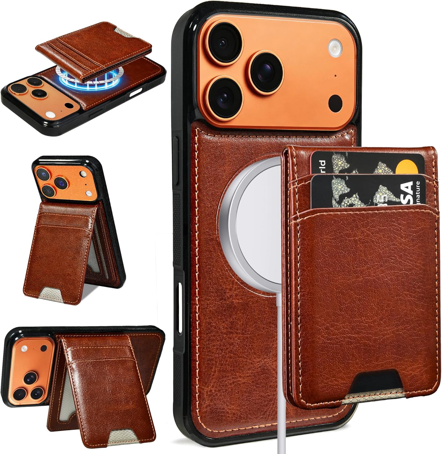 for iPhone 17 Pro Max MagSafe Wallet Case, Magnetic Detachable Leather Wallet with Card Holder & Kickstand, Slim Protective Phone Case Compatibility with iPhone 17 Pro Max. Brown