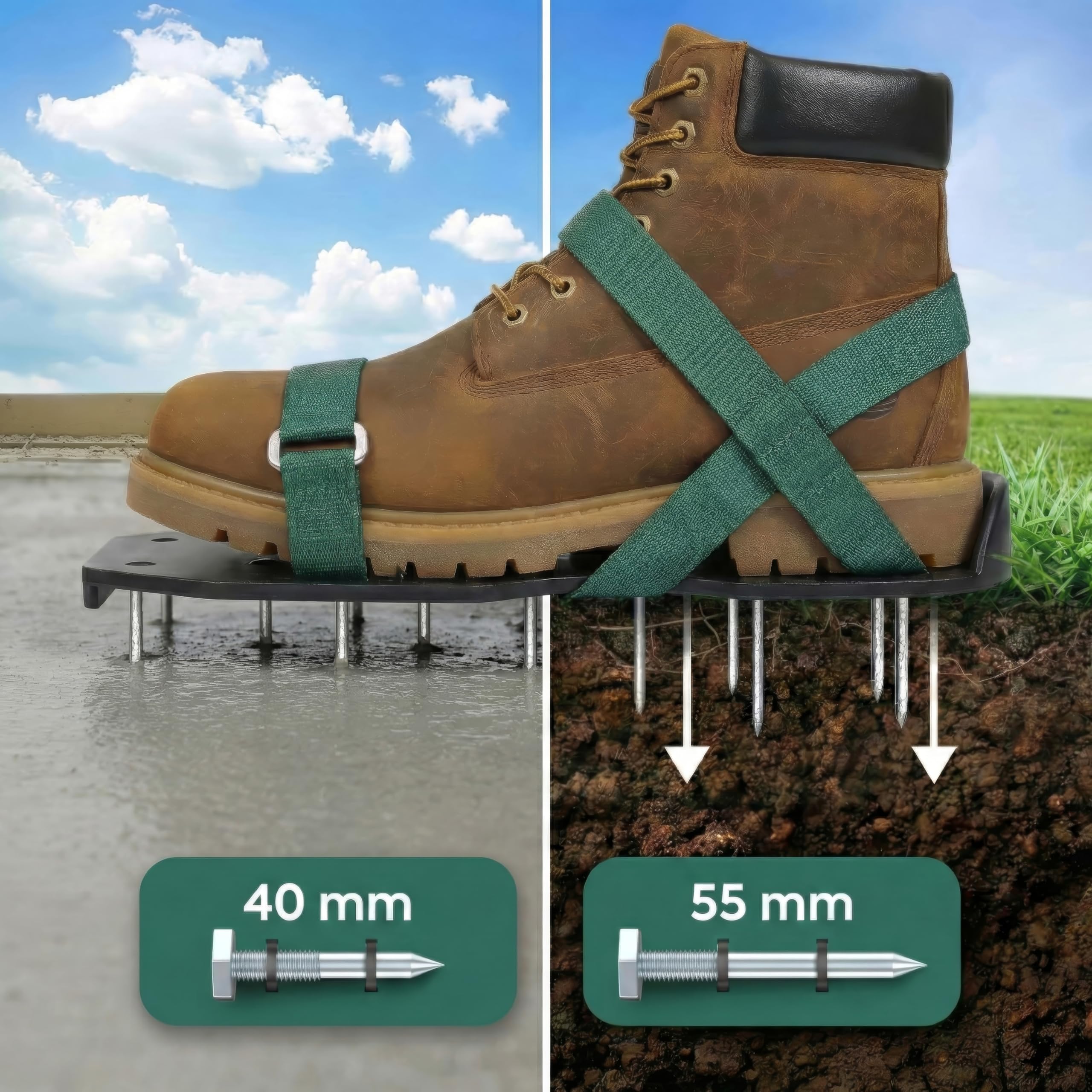 Sillar Chaussures à Clous avec Fermeture Réglable, Scarificateur Gazon 2 en 1 avec Pointes 55 mm et 40 mm, Durables pour Jardin, Sol, Pelouse, Chape et Revêtement, Pointures 37-48