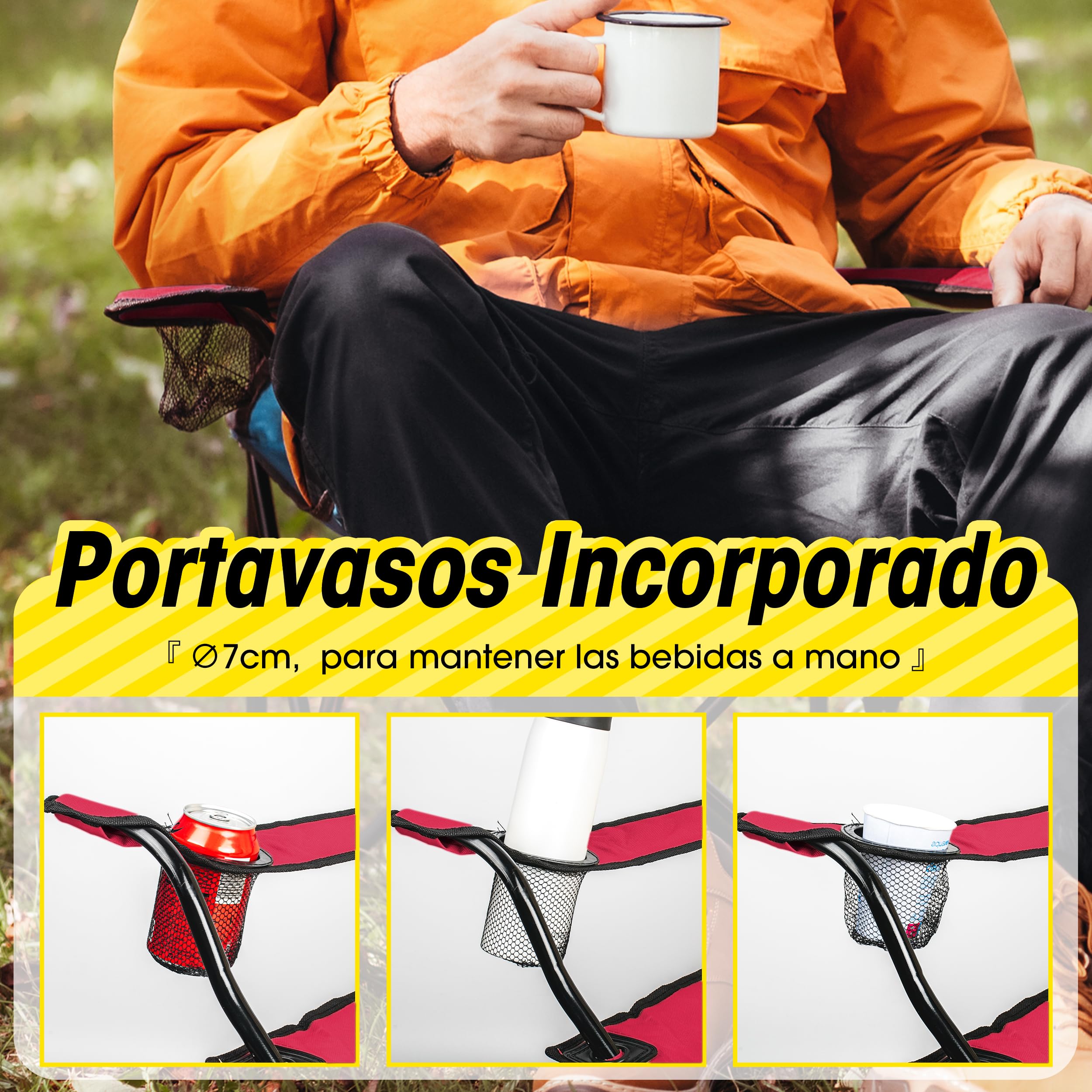 BESCH Set de 2 Sillas Plegable para Camping de Acero con Portavaso 45x45x80cm Carga Máxima 110Kg - Silla para Exterior, Picnic, Jardín y Pesca (Rojo)