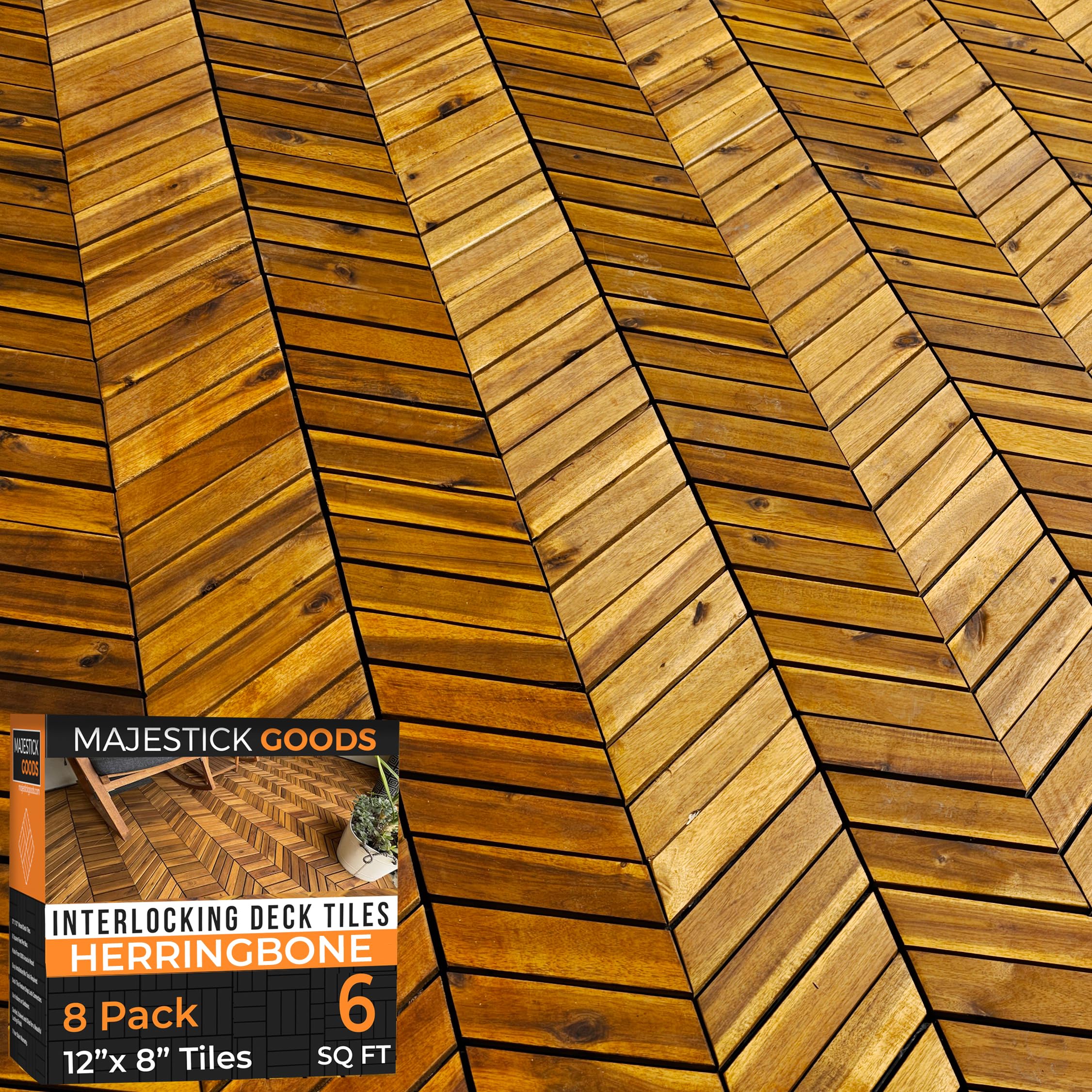 Interlocking Deck Tiles Herringbone - Snap Together Wood Flooring | 12 x 12 Acacia Hardwood Outdoor Flooring for Patio | Click Floor Decking Tile (8,