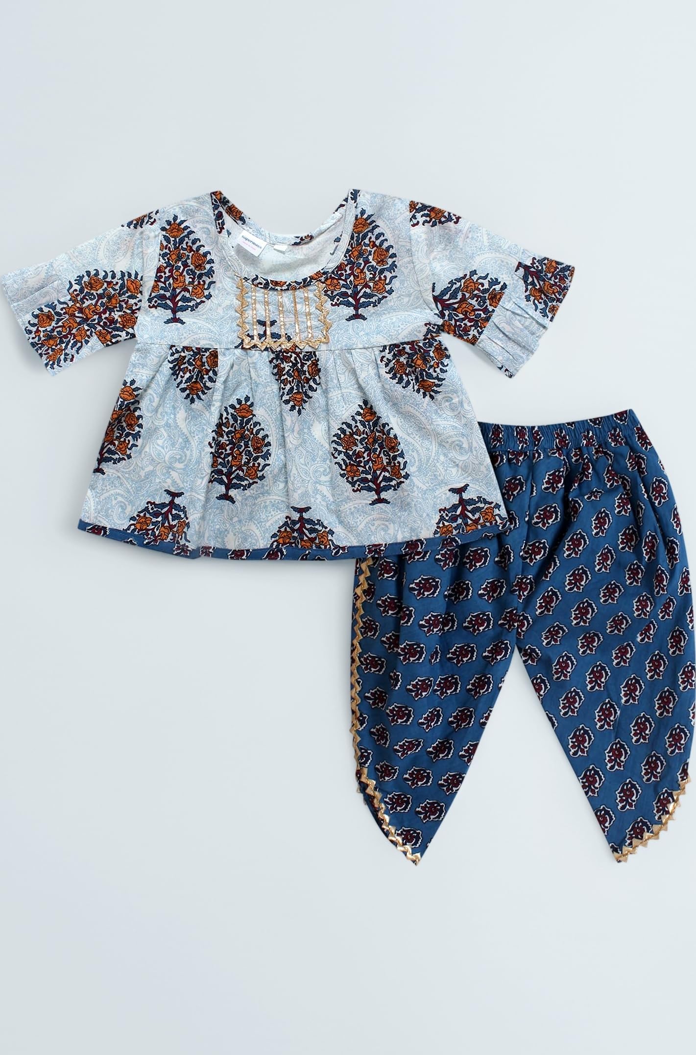 superminis Cotton Blend Baby Girl's Jaipuri Print Frock Style Kurti With Frill Sleeves And Dhoti Style Salwar With Elastic Closure Ethnic Dress Clothing Set