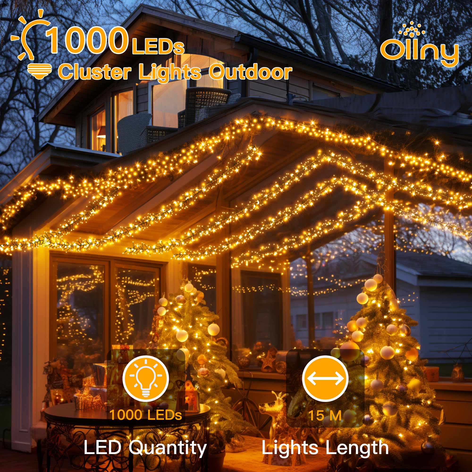Ollny Outdoor Cluster Christmas Lights - 15m 1000LEDs Xmas Tree Fairy Lights Mains Powered Plug in with 8 Modes/Timer/Remote, Bright Waterproof String Lights for Garland Outside Indoor Decoration - Image 2