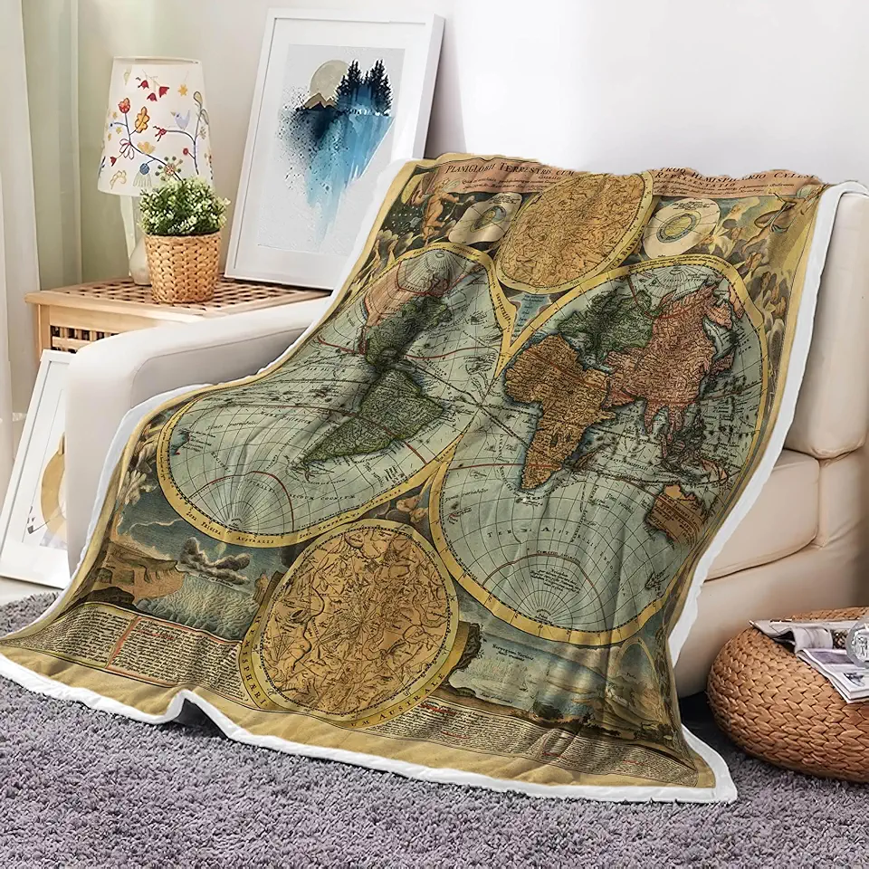 Mapa do mundo vintage, antigo mapa náutico antigo do mundo cobertores de acampamento e mantas para cama, histórico Atlas Geografia Wanderlust Pirata cobertor marrom para decoração de sofá de sofá, 127