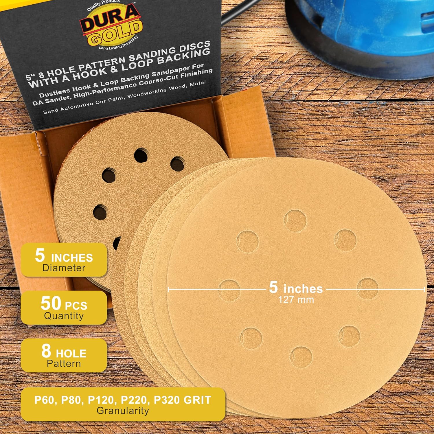 Dura-Gold Premium - Variety Pack - 5" Gold Sanding Discs - 8-Hole Dustless Hook and Loop - 10 Each of Grit (60, 80, 120, 220, 320) - Box of 50 Sandpaper Finishing Discs for Woodworking or Automotive